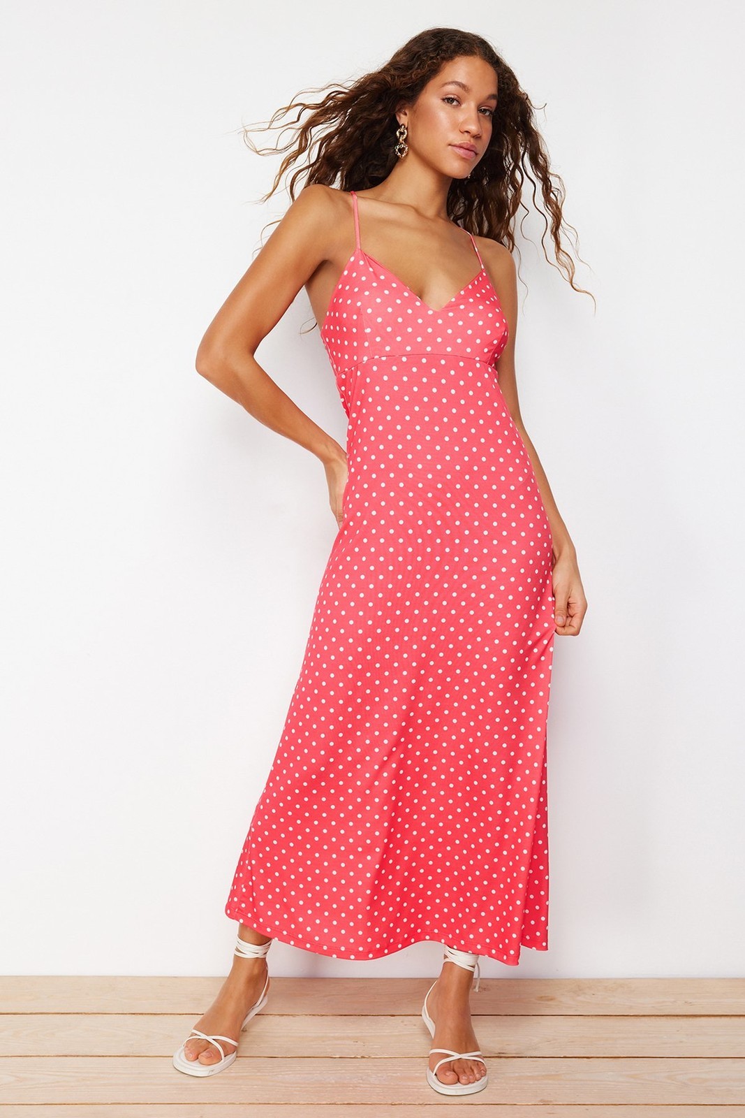 Trendyol Red Polka Dot A-line/Bell Form Flexible Knitted Maxi Dress with Back Detail