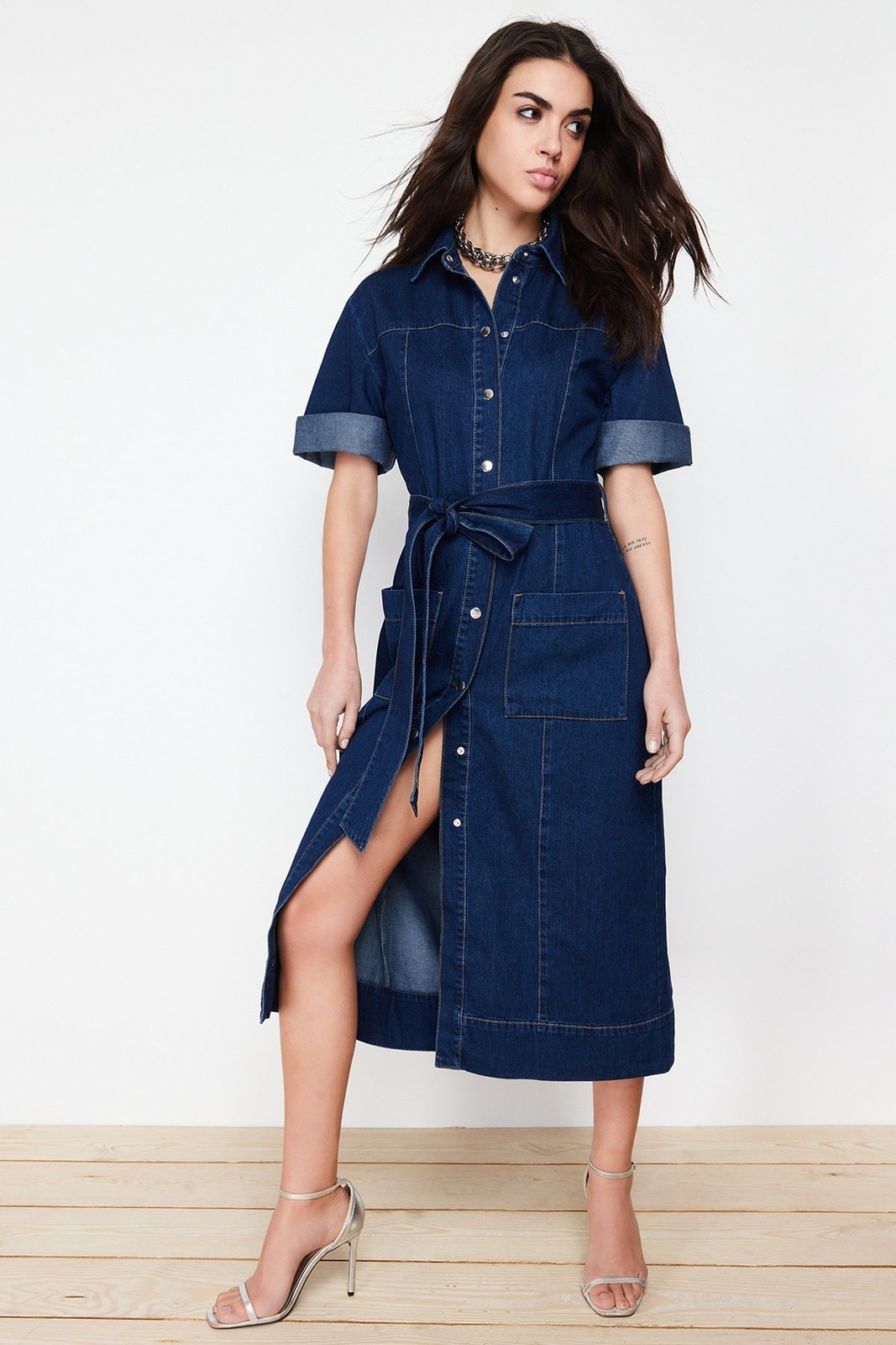 Trendyol Blue More Sustainable Belted Denim Maxi Dress