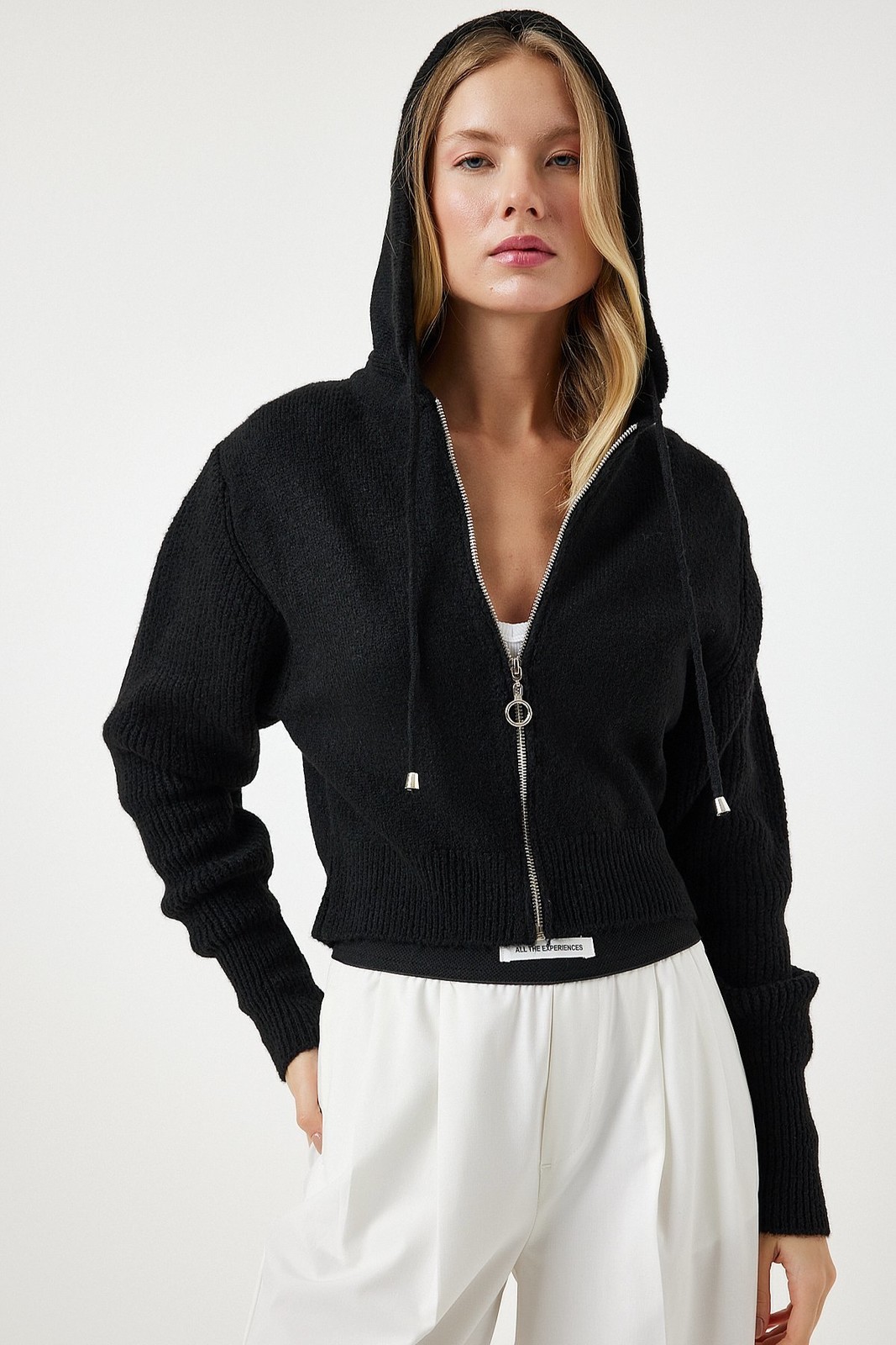 Happiness İstanbul Women's Black Hooded Zipper Knitwear Cardigan