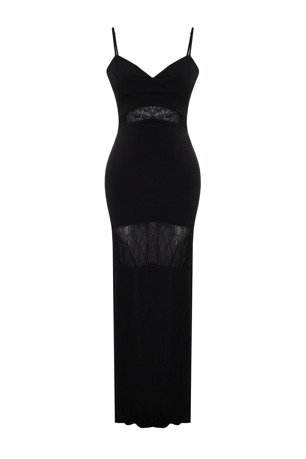 Trendyol Black Body-Sitting Knitted Lace Detailed Long Evening Dress