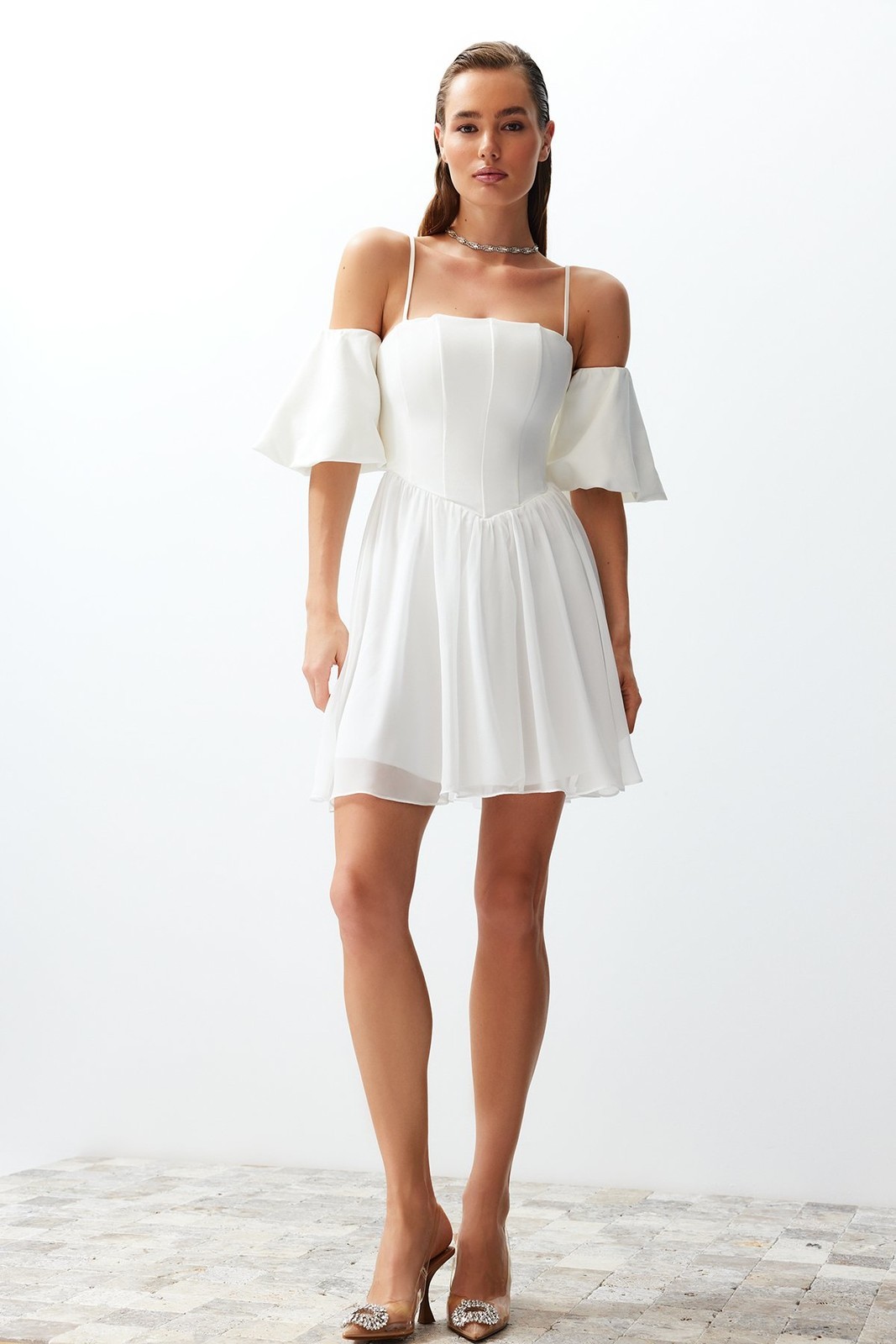 Trendyol White Open Waist/Skater Woven Corset Detailed Wedding/Wedding Elegant Evening Dress