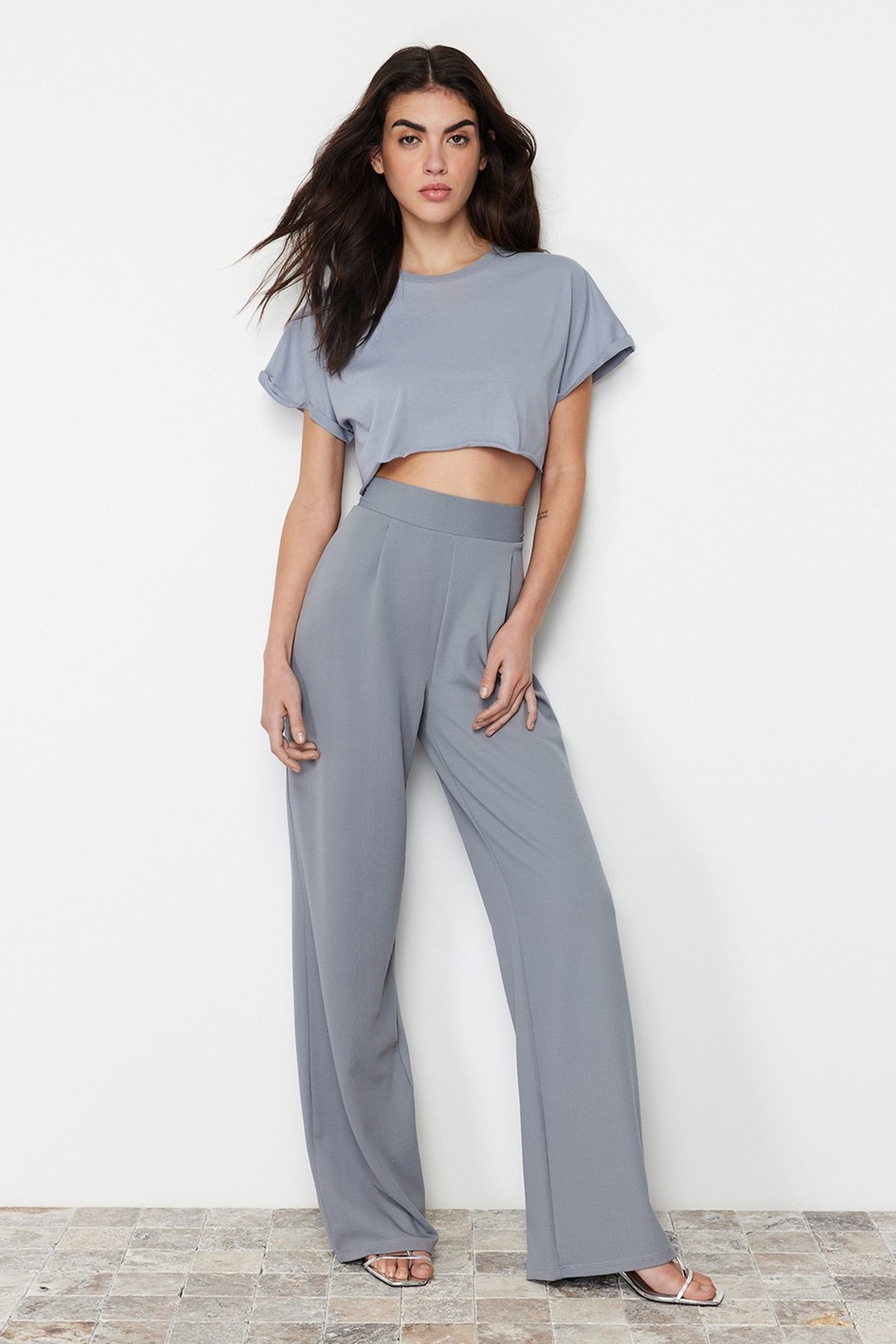 Trendyol Gray Pleated Wide Leg/Relaxed Cut Trousers