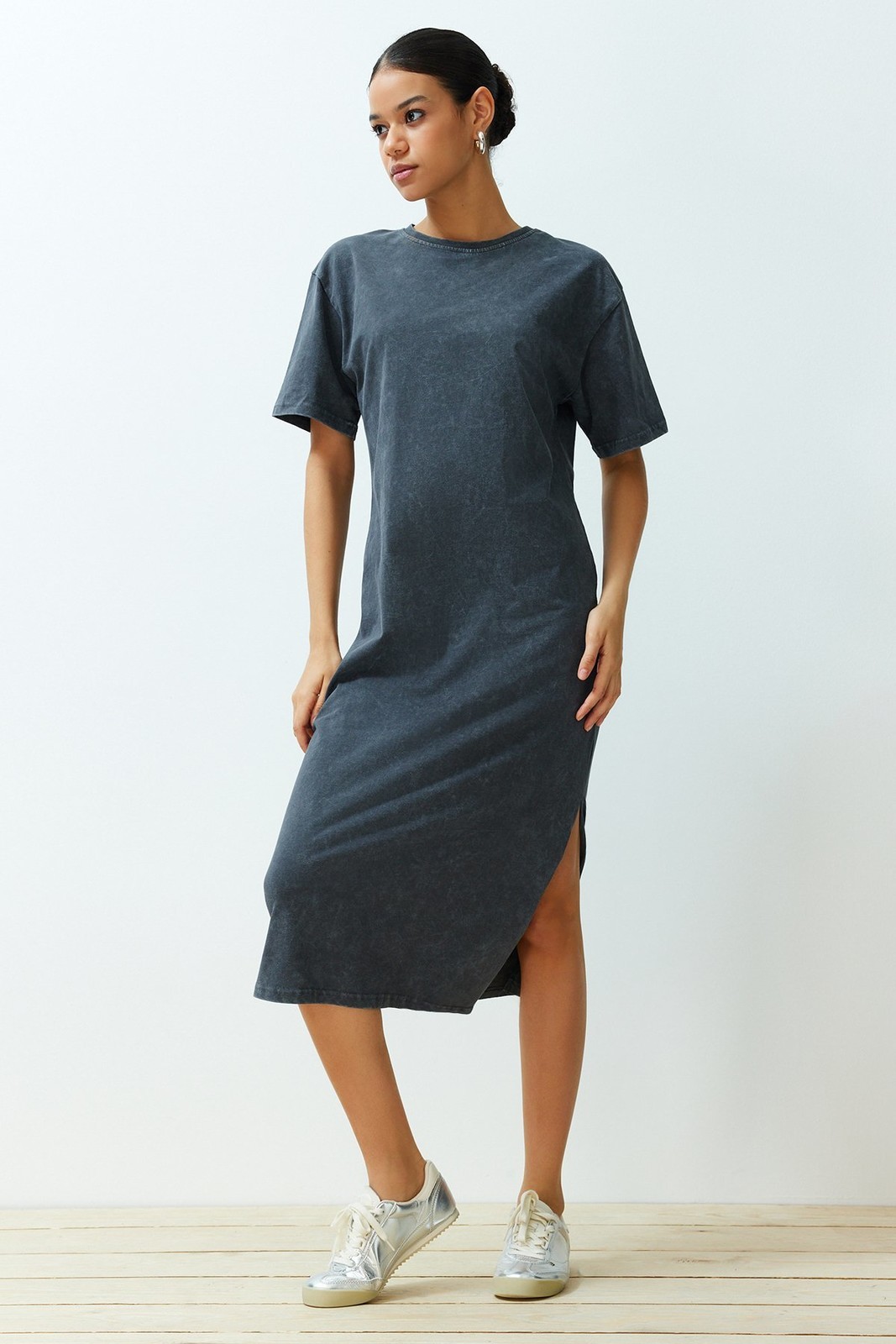 Trendyol Anthracite 100% Cotton Aged Effect Slit Shift/Comfort Fit Knitted Midi Dress