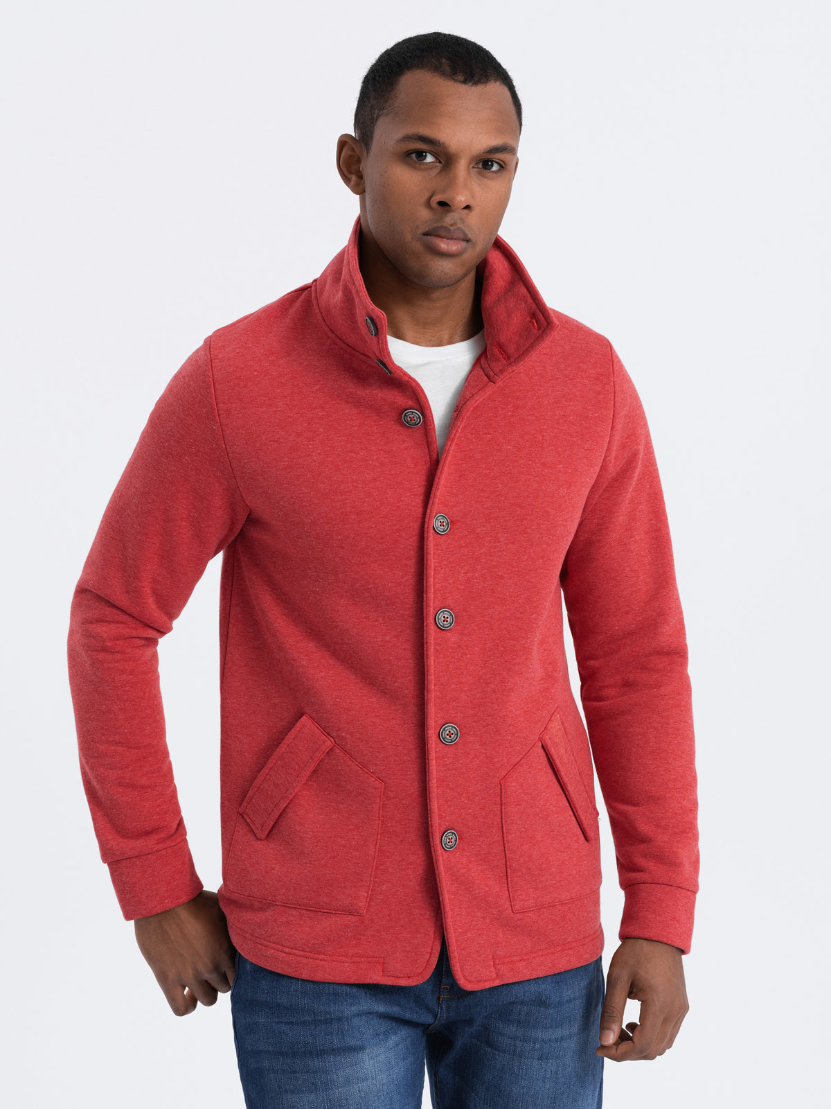 Ombre Men's casual sweatshirt with button-down collar - red melange