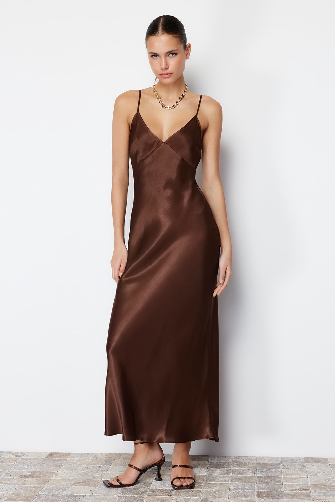 Trendyol Brown Straight Cut Strappy Maxi Woven Dress