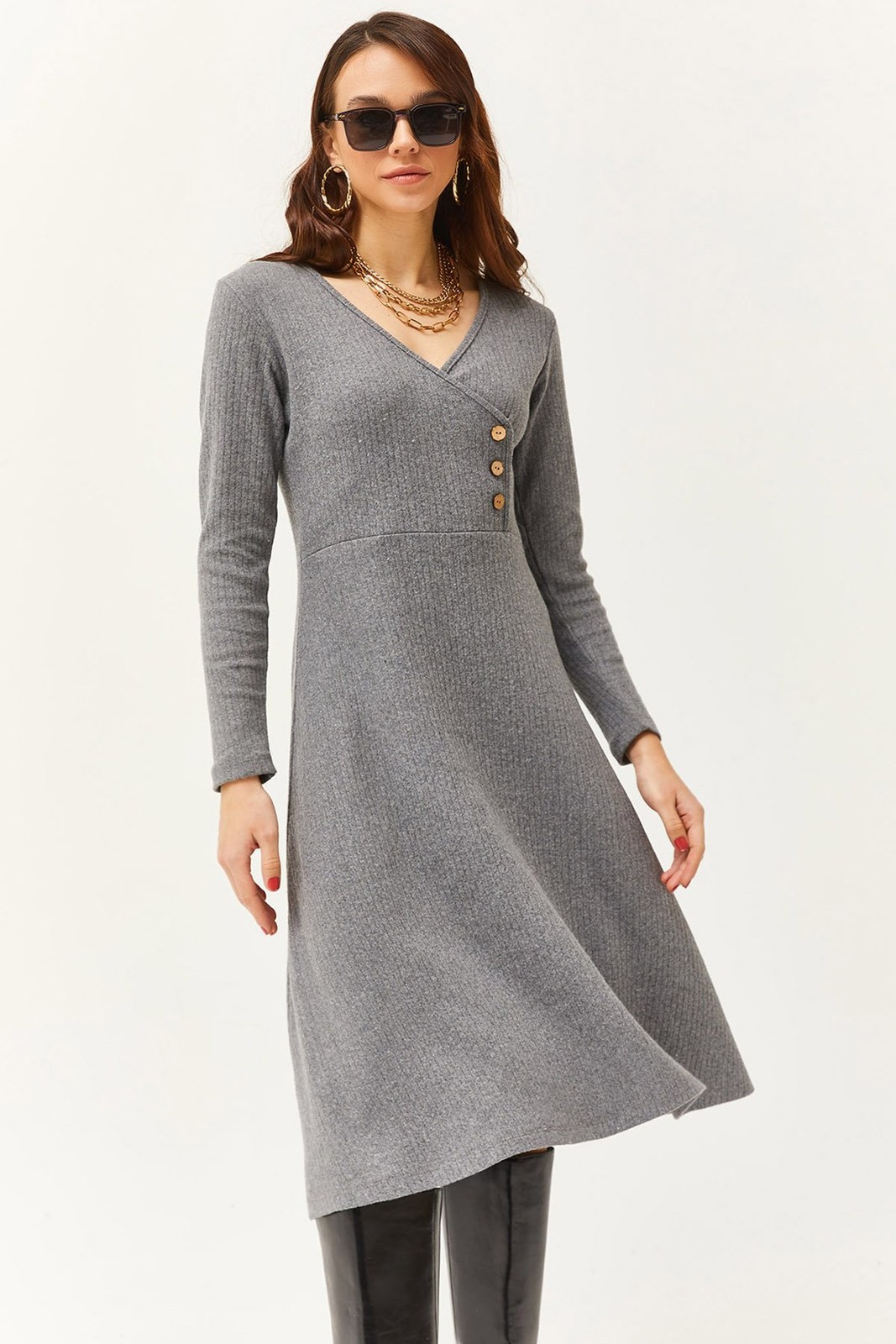 Olalook Women's Smoky Button Detail Double Breasted Midi A-Line Dress