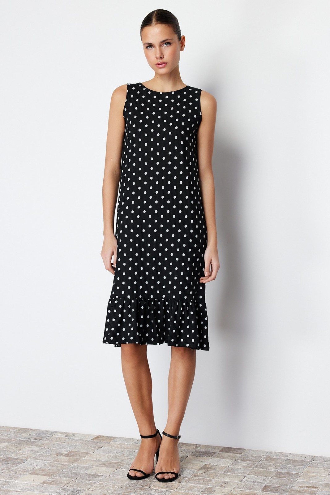 Trendyol Black Polka Dot Skirt Frilly Ribbed Flexible Knitted Midi Dress