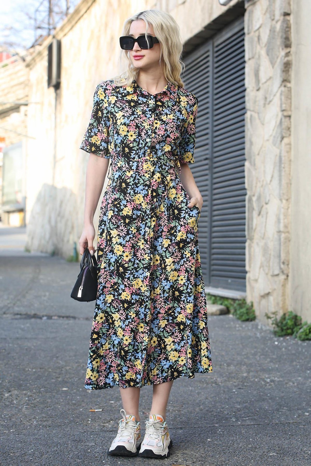 Madmext Black Floral Pattern Shirt Collar Midi Dress