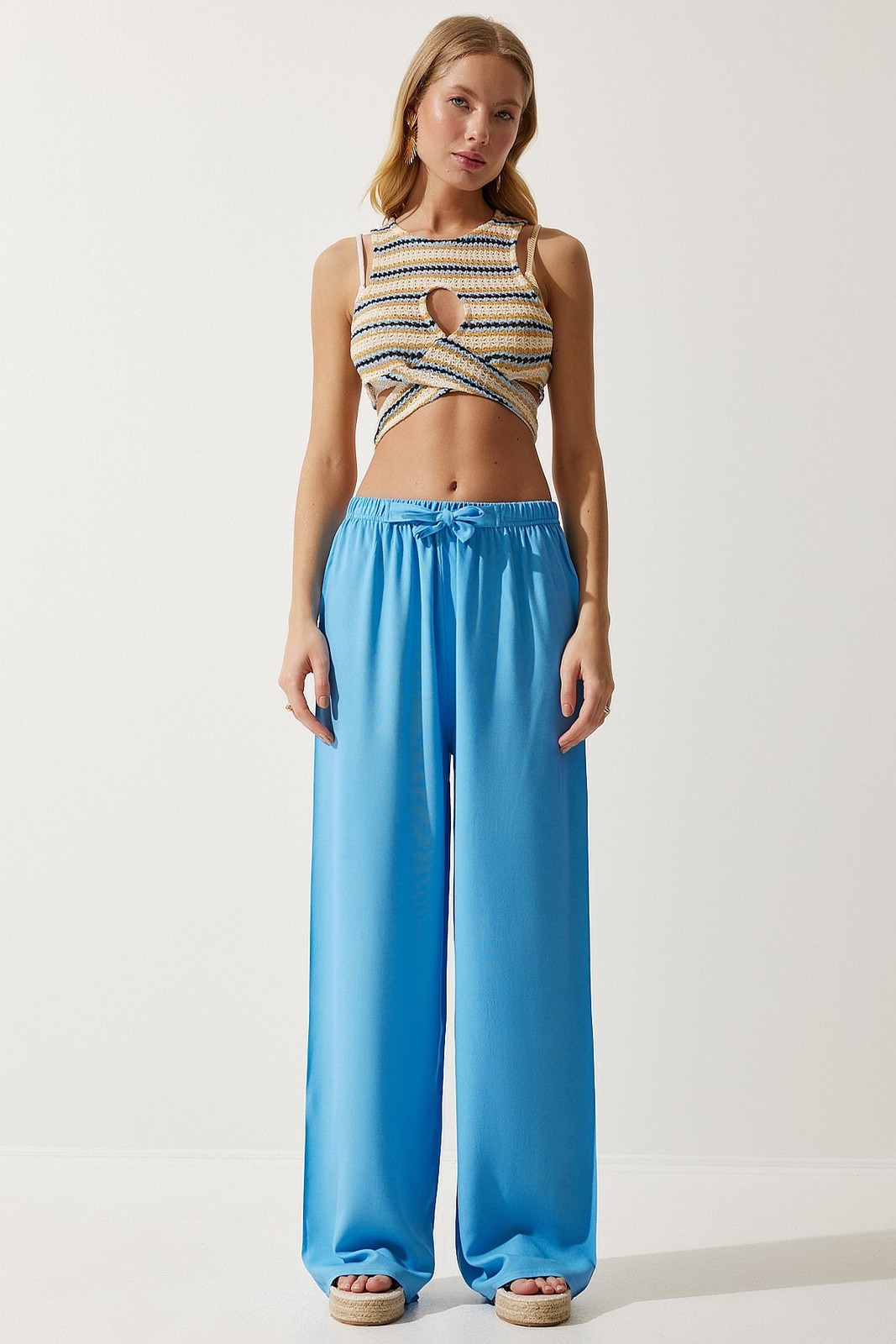 Happiness İstanbul Women's Sky Blue Flowy Knitted Palazzo Trousers