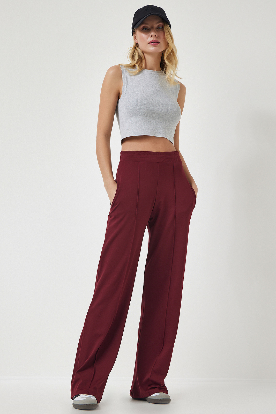 Happiness İstanbul Women's Burgundy High Waist Scuba Palazzo Trousers