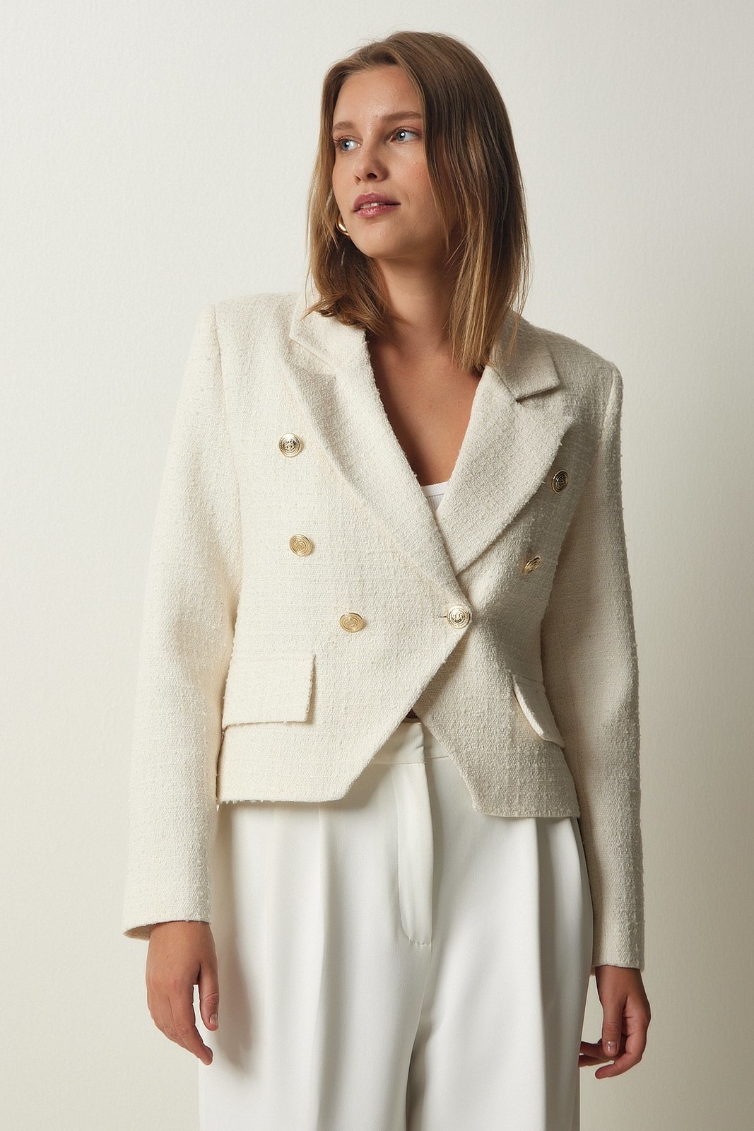 Happiness İstanbul Women's Ecru Asymmetrical Detailed Crop Tweed Jacket