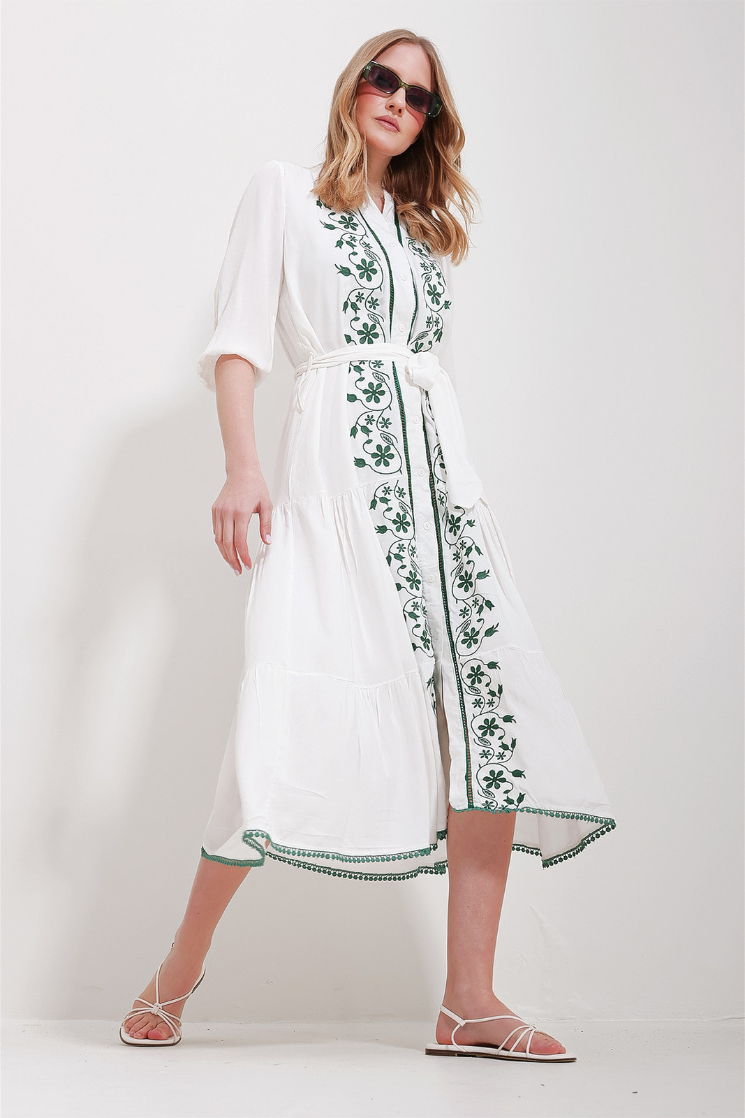 Trend Alaçatı Stili Women's White Large Collar Front Buttoned Skirt Frilly Maxi Length Embroidered Dress