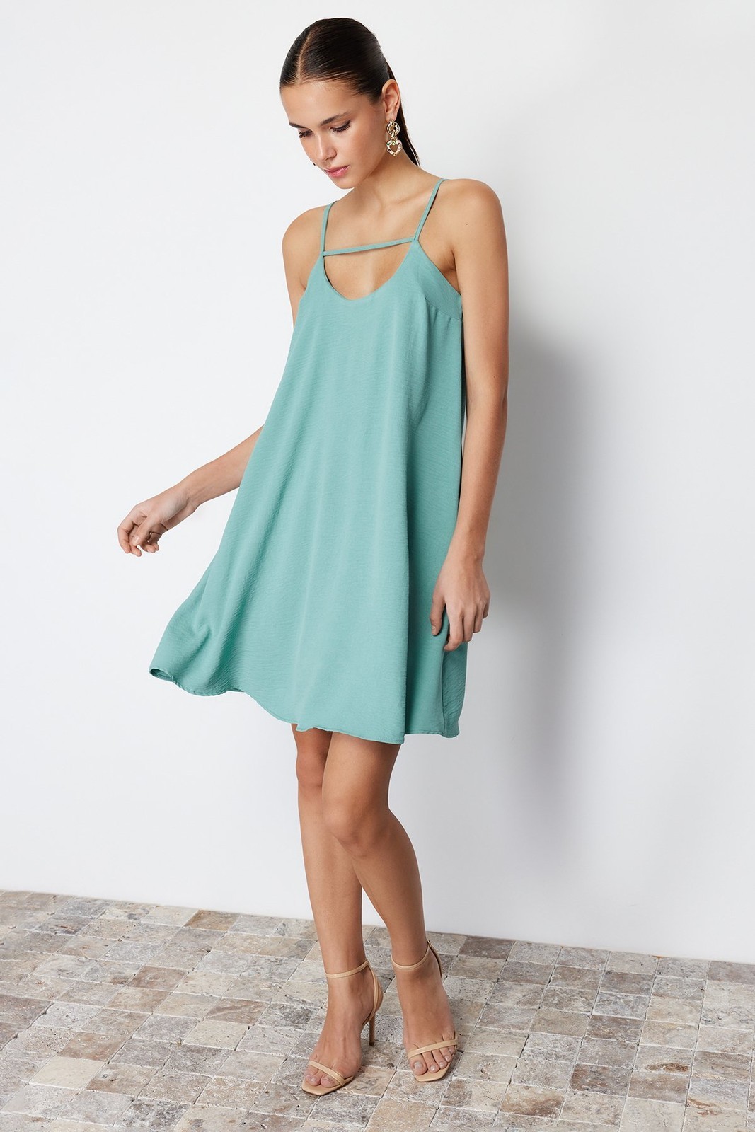 Trendyol Green Relaxed Cut Hanging Neck Detailed Mini Woven Dress
