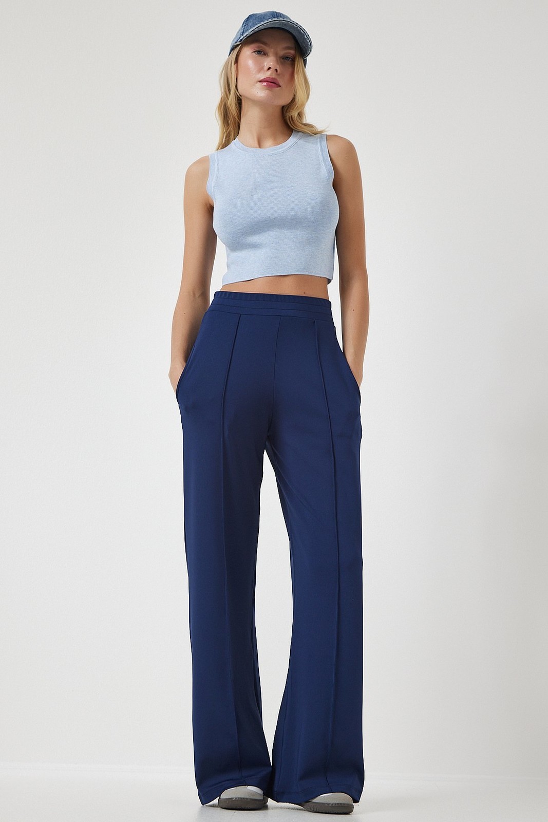 Happiness İstanbul Women's Navy Blue High Waist Scuba Palazzo Trousers