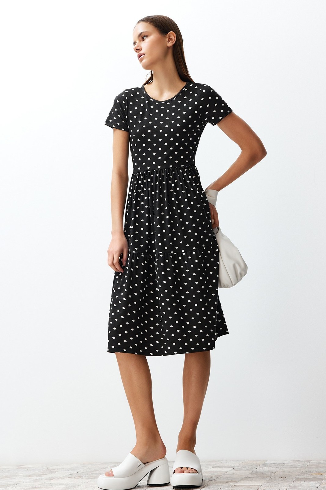 Trendyol Black Printed Skater/Waist Open Elastic Knitted Midi Dress