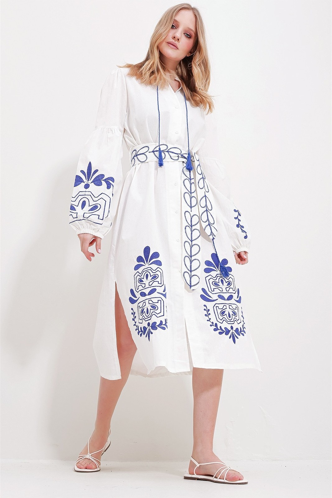 Trend Alaçatı Stili Women's White Large Collar Belted Double Slit Linen Dress