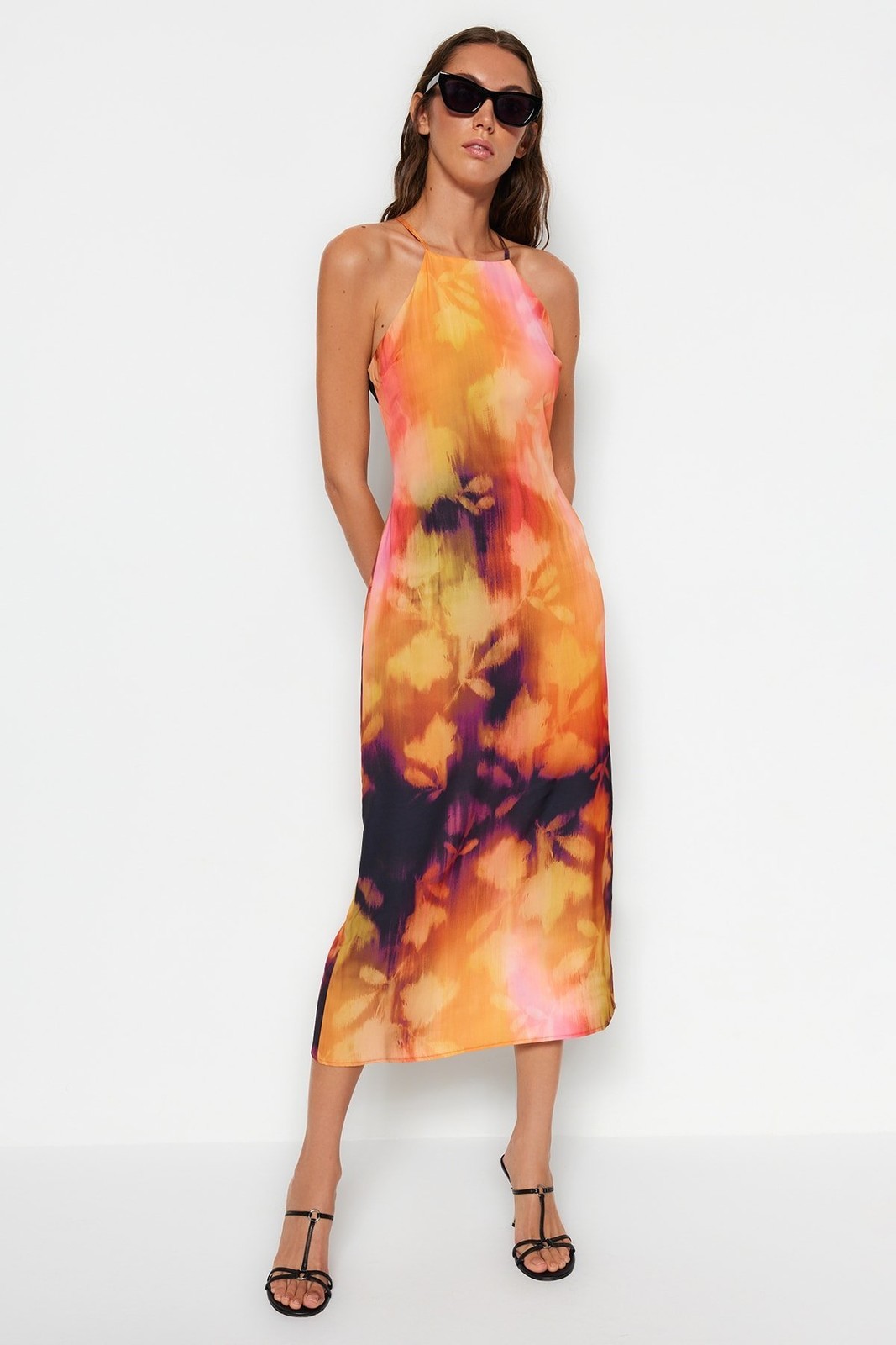 Trendyol Orange Halter Neck Midi Patterned Woven Dress