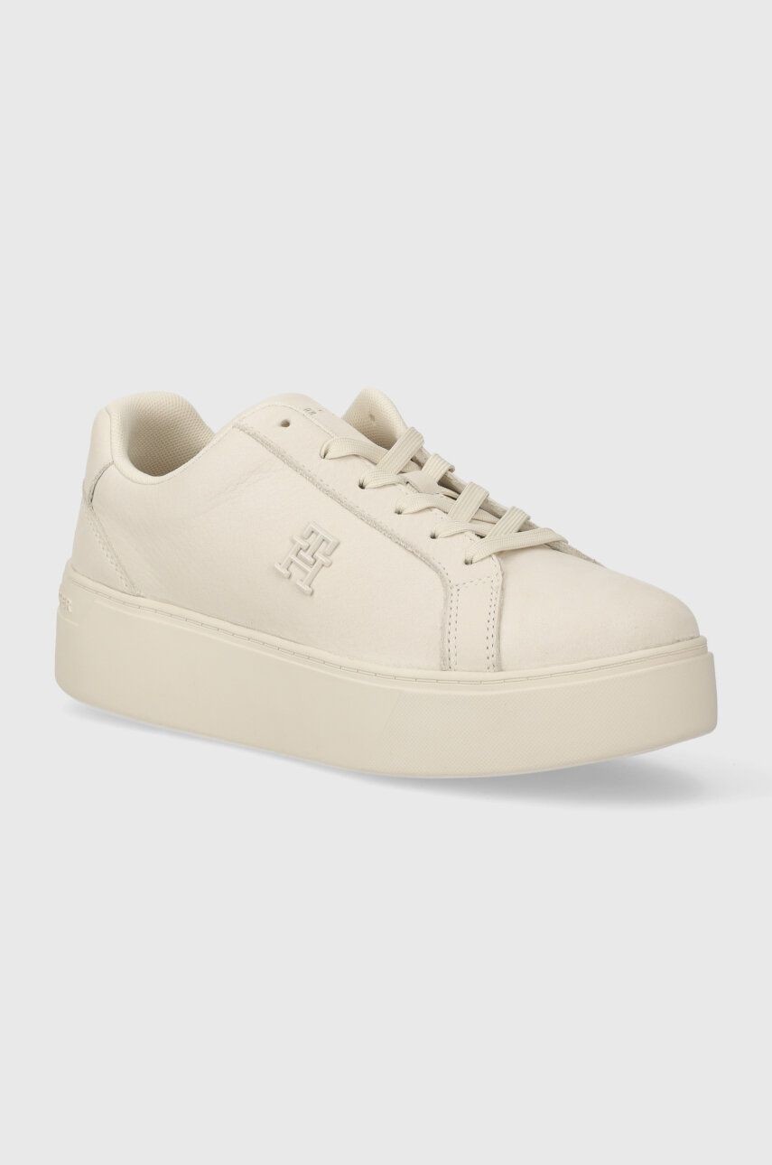 Kožené tenisky Tommy Hilfiger PLATFORM COURT SNEAKER NUBUCK béžová farba, FW0FW07912