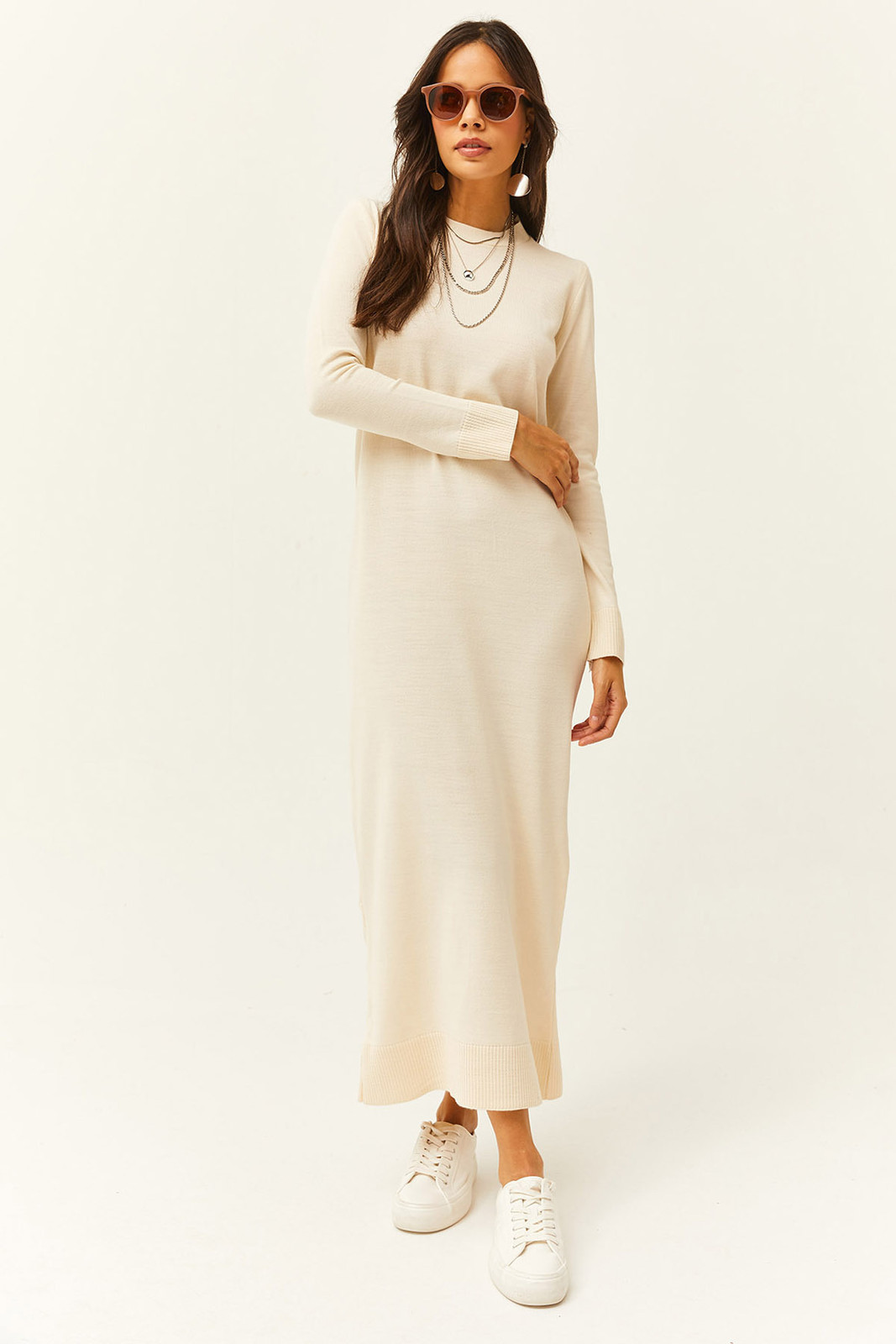 Olalook Women's Stone Crew Neck Long Knitwear Dress