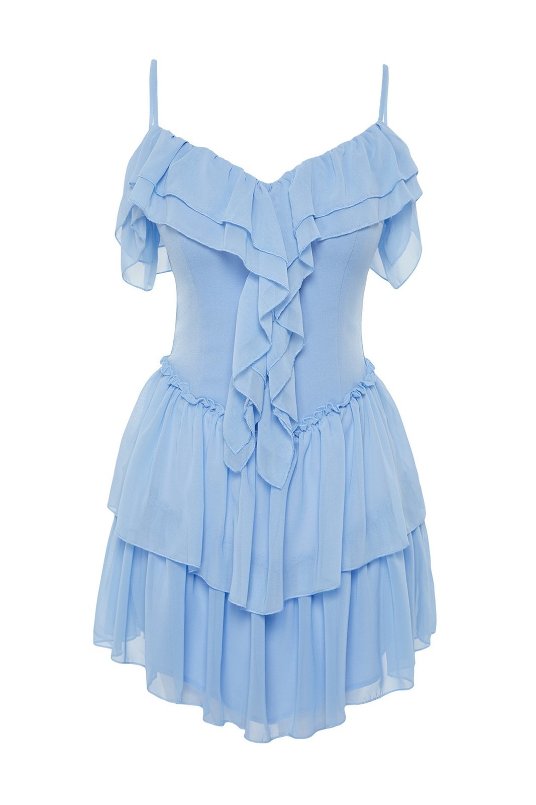 Trendyol Blue Waist Opening/Skater Ruffle Chiffon Dress