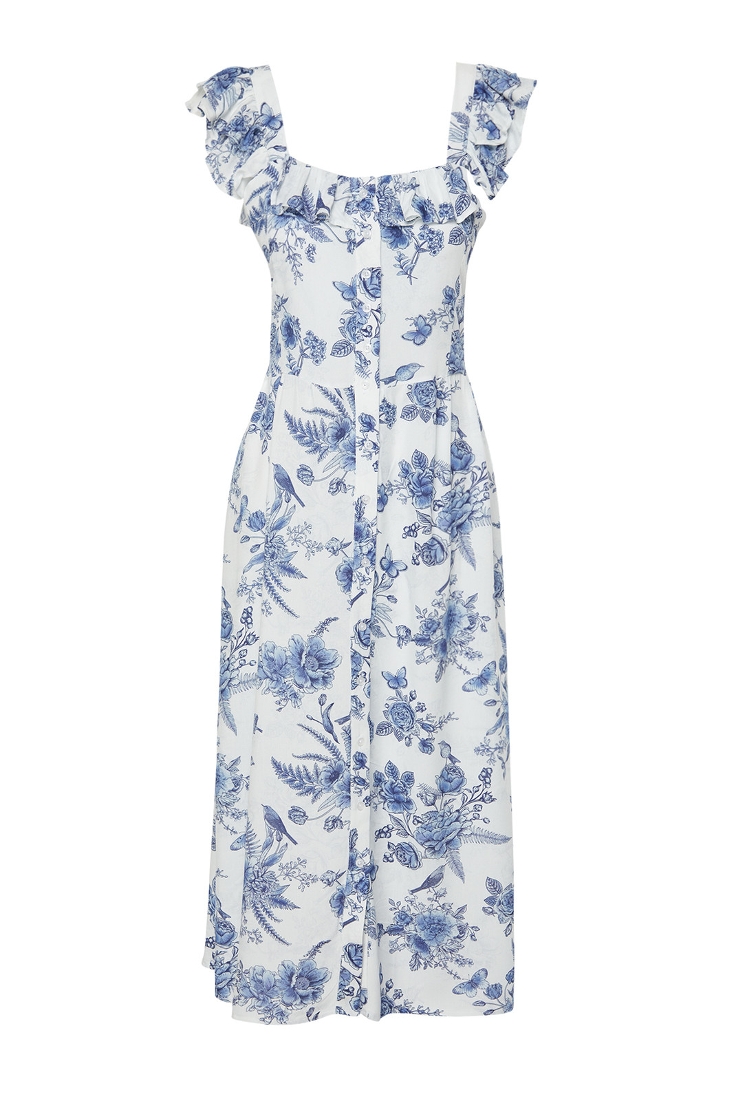 Trendyol Blue Floral Print A-line Square Collar Woven 100% Viscous Midi Dress