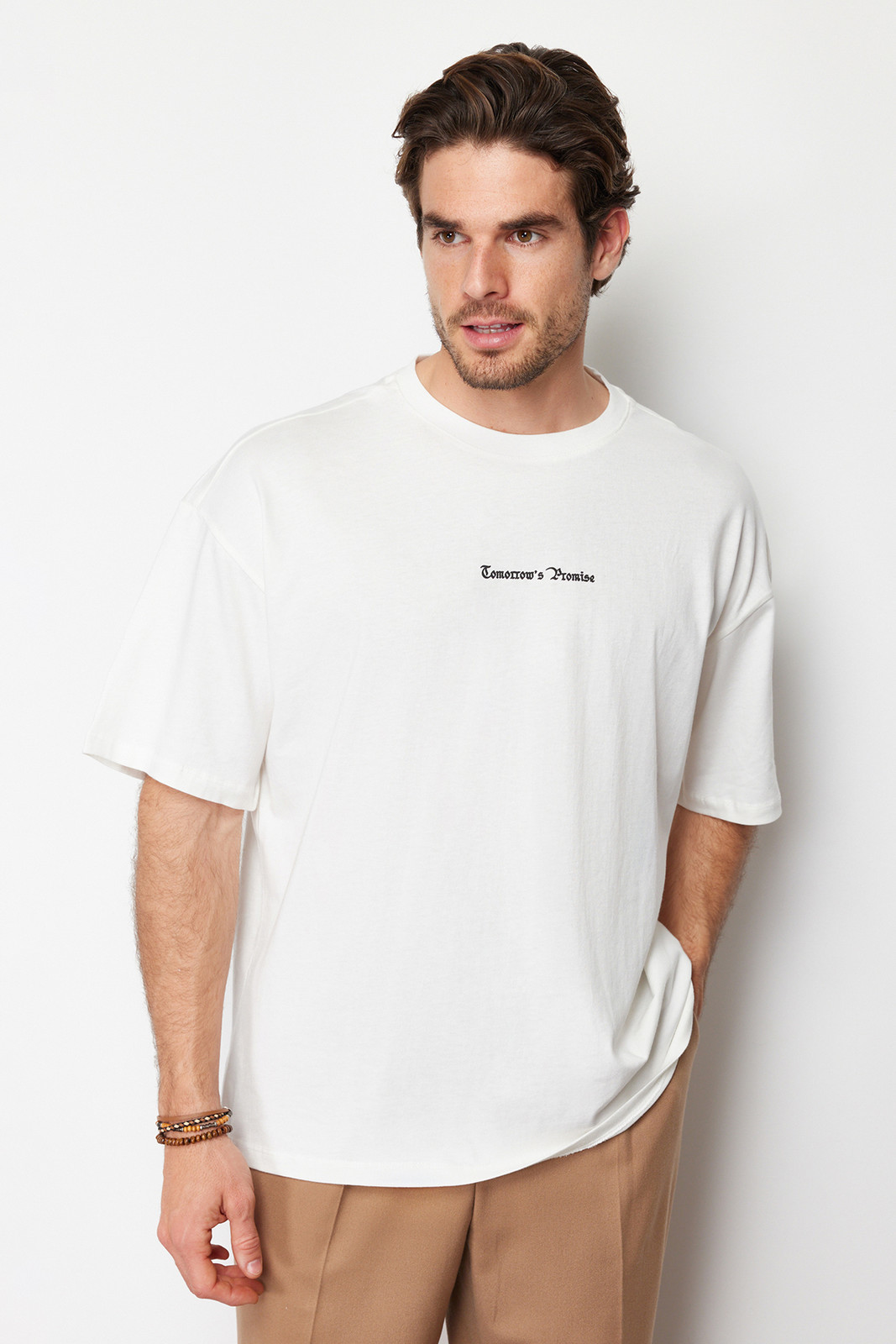 Trendyol Ecru Men's Oversize Fluffy Floral Printed 100% Cotton T-Shirt