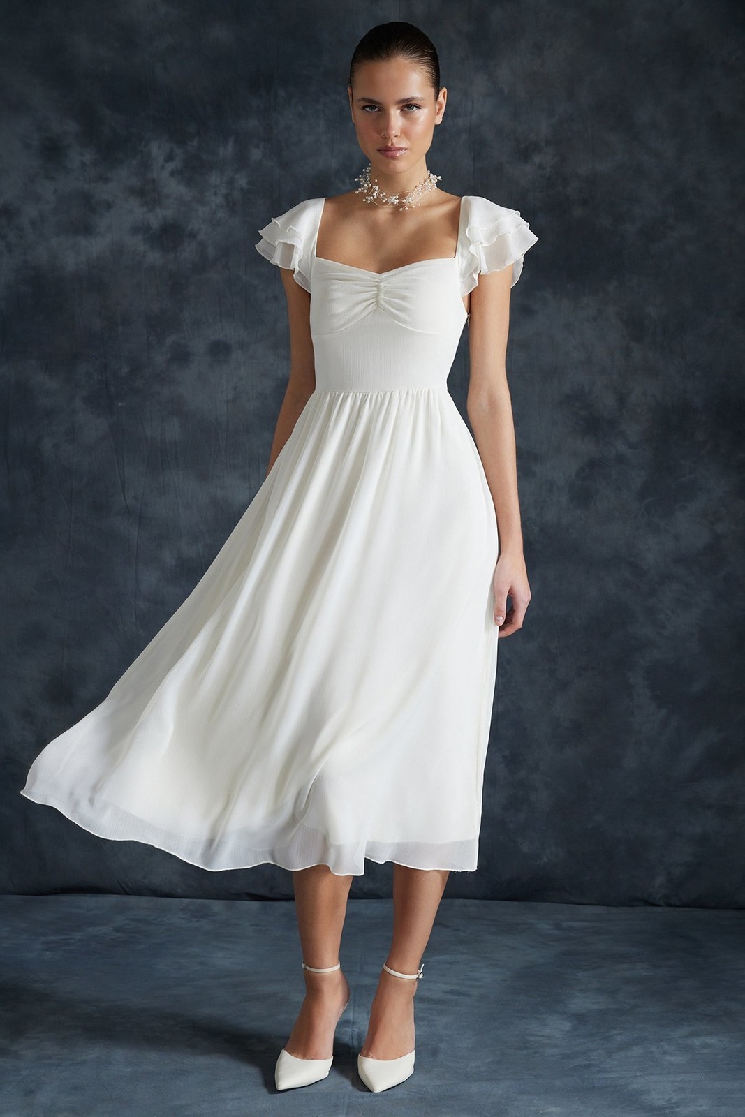 Trendyol Ecru Waist Opening Chiffon Lined Midi Woven Dress