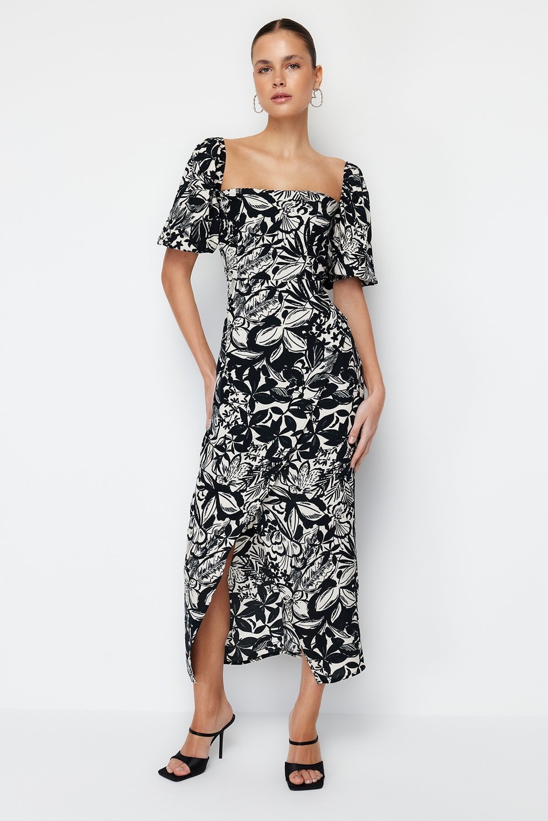Trendyol Black Balloon Sleeve Midi Floral Viscose Woven Dress