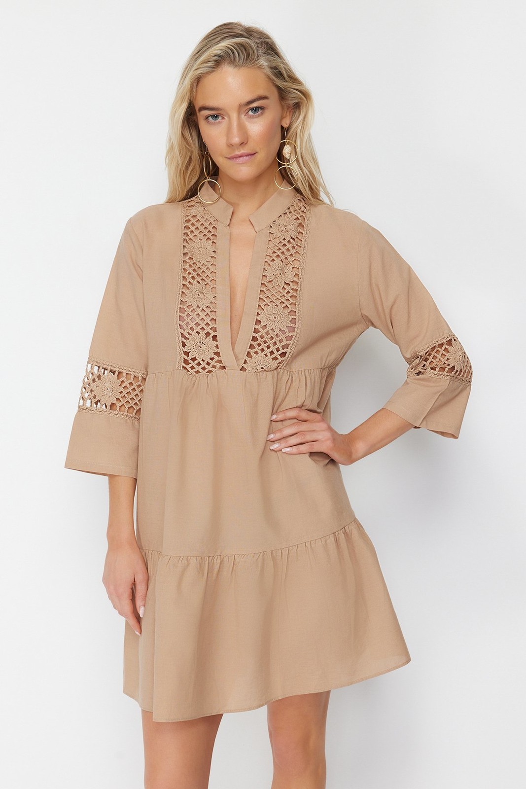 Trendyol Beige Mini Woven Lace Detailed 100% Cotton Beach Dress