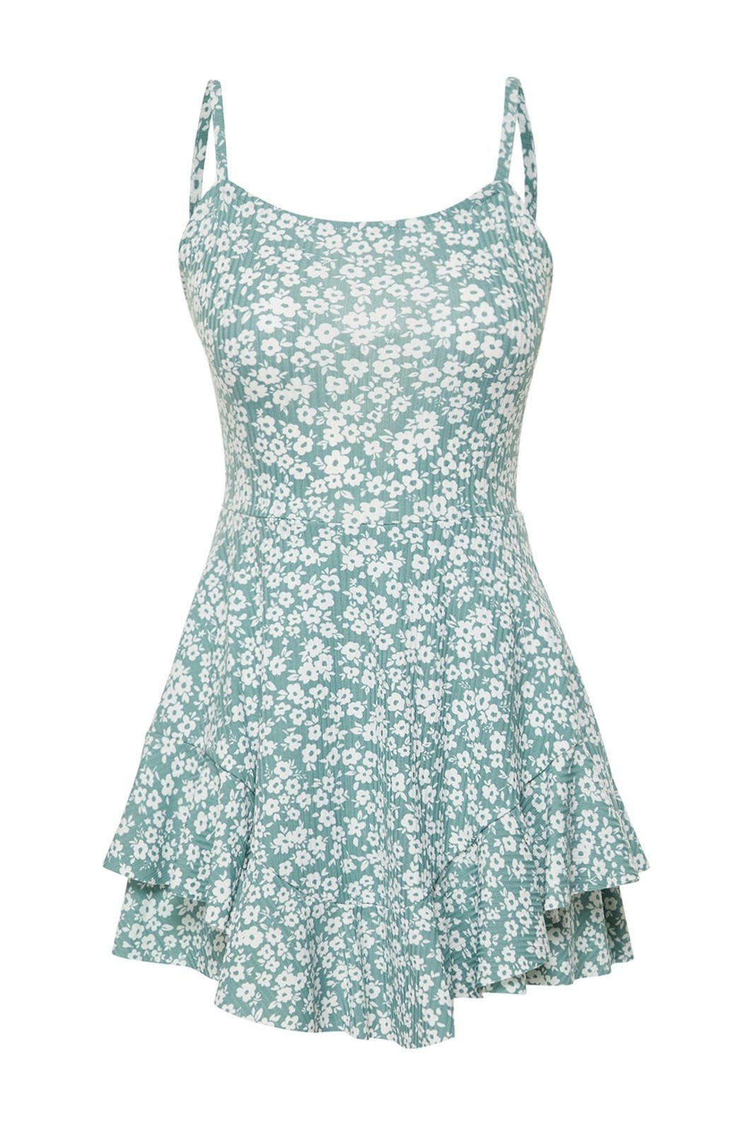 Trendyol Mint Floral Printed Strappy Flounce Mini Jumpsuit With Shorts