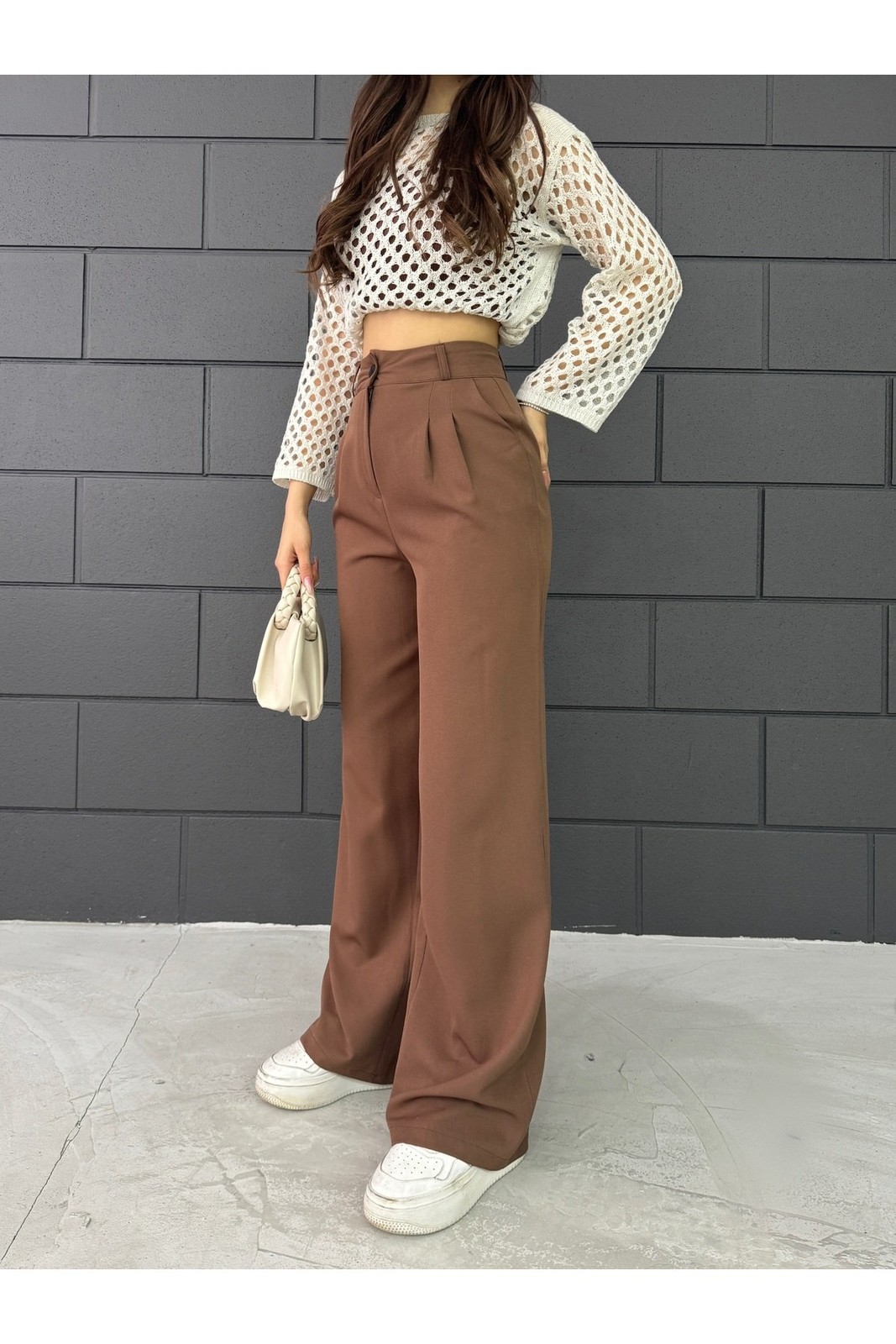 BİKELİFE Women's Brown Lycra Palazzo Loose Wide Leg Trousers