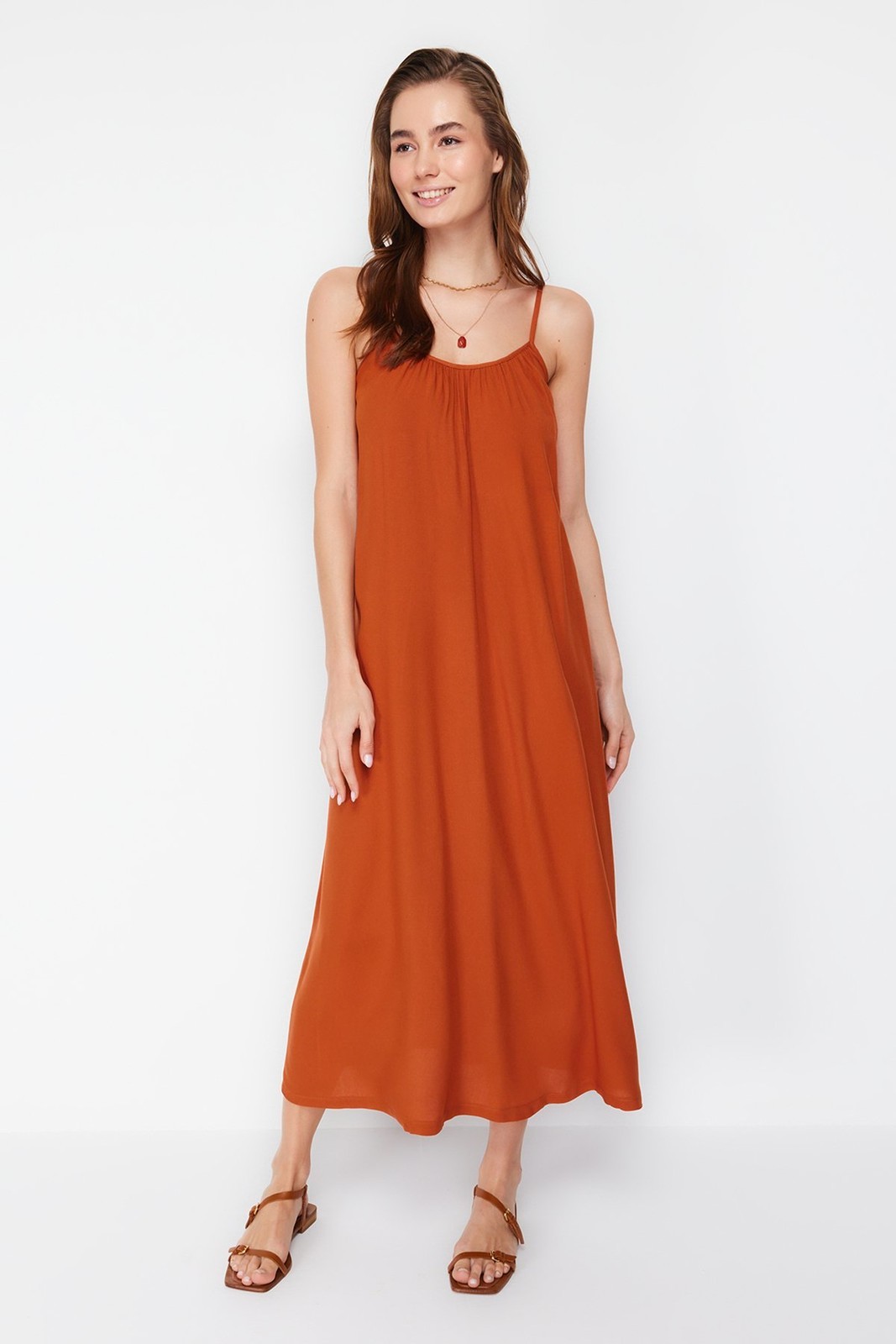 Trendyol Brown Straight Cut Viscose Strap Maxi Woven Dress