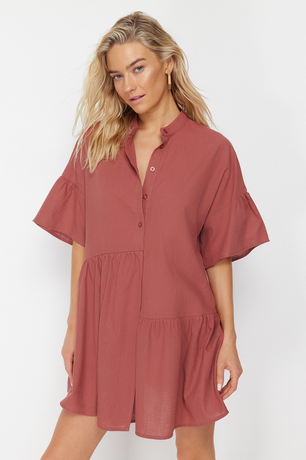 Trendyol Tile Wide Fit Mini Woven Flounce 100% Cotton Beach Dress