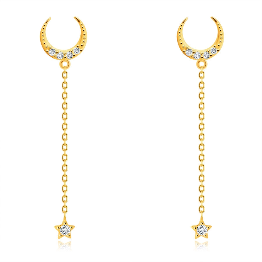 Zlaté 14K náušnice - kontúra tenkého polmesiaca, okrúhle zirkóniky, krátka retiazka, puzety