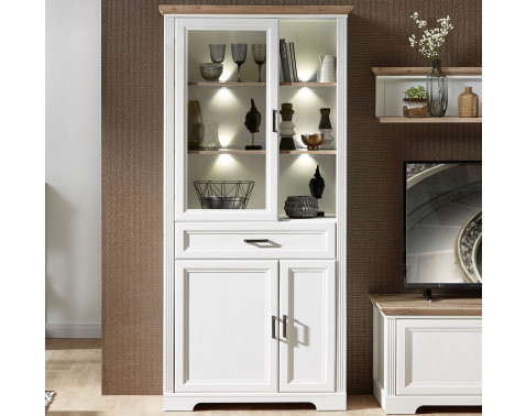 Široká vitrína Jasmin, bielená pínia/dub, s osvetlením%