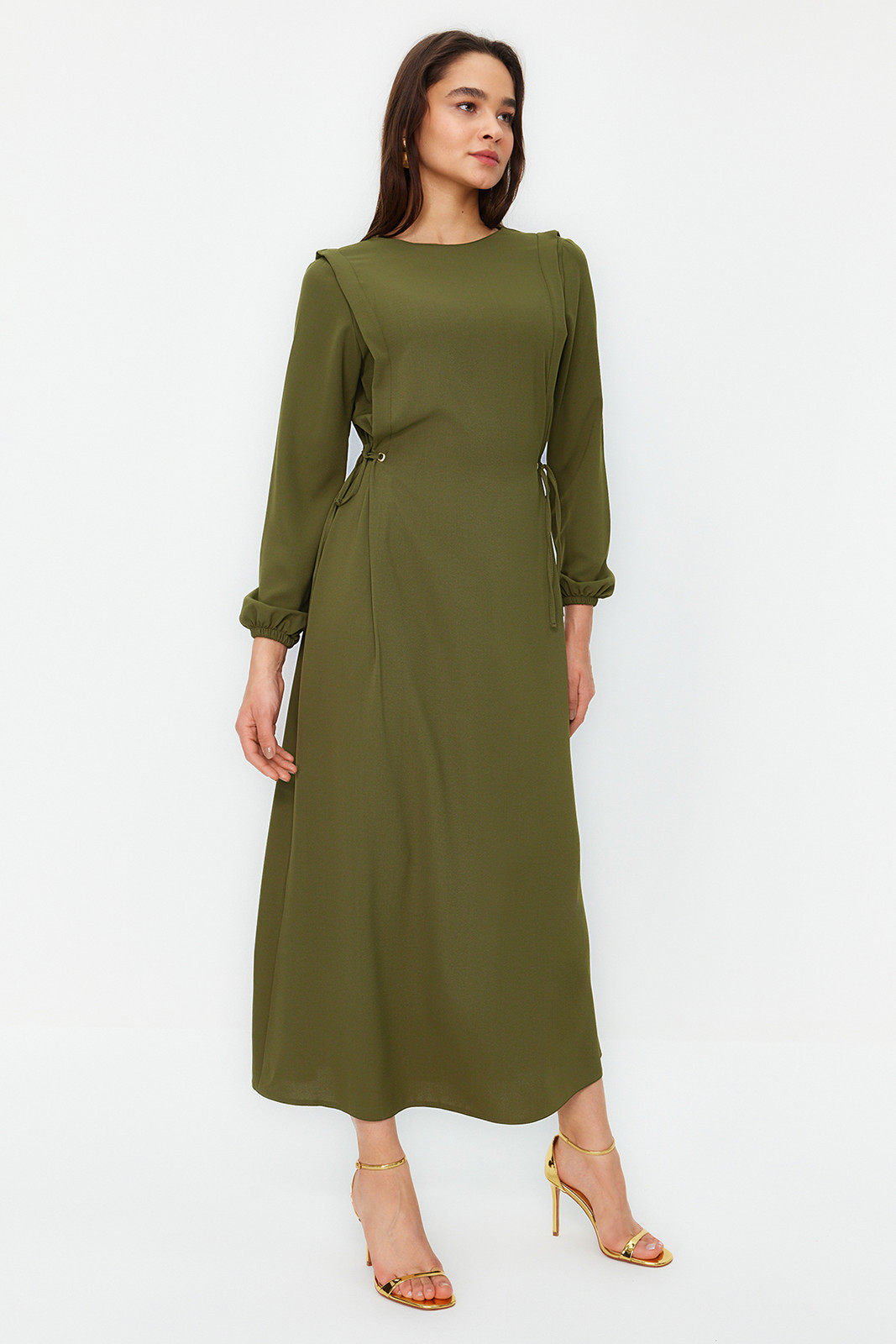 Trendyol Green Waist Rope Tie Detailed Sleeve End Elastic Aerobin Woven Dress