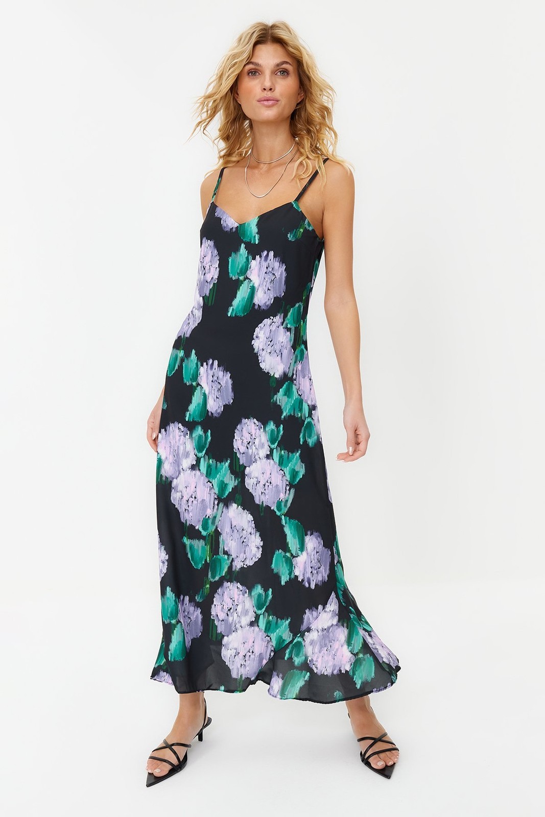 Trendyol Black Floral Strappy Shift/Straight Cut Satin Maxi Lined Woven Dress
