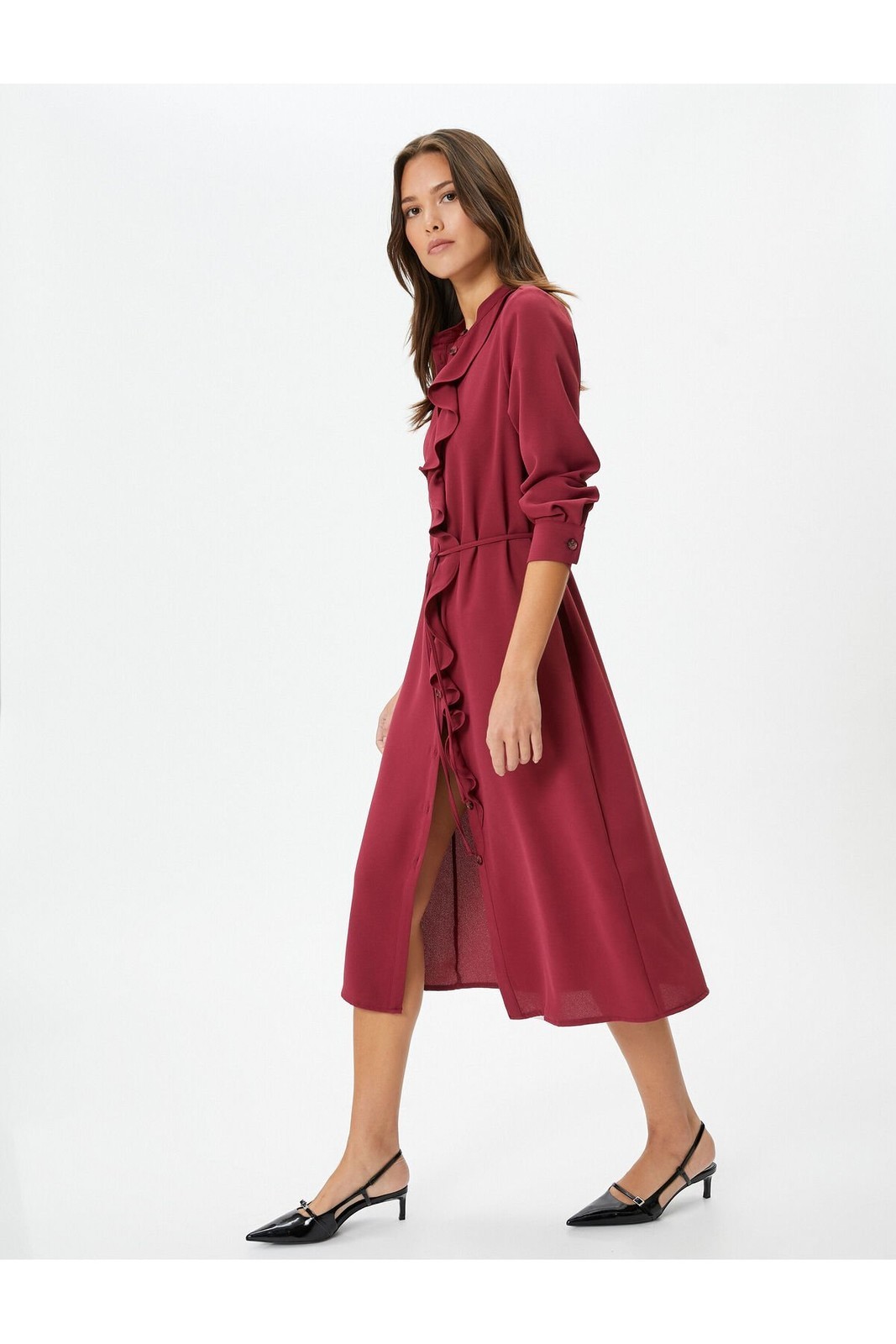 Koton Midi Dress Long Sleeve Ruffle Buttoned Tie Waist