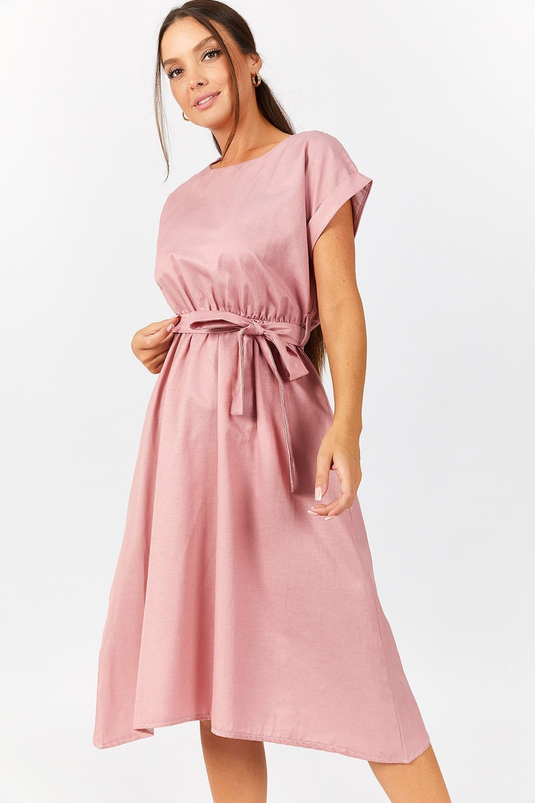 armonika Women's Pale Pink Elastic Tie Waist Dress