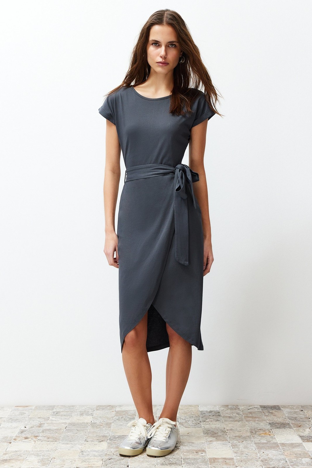 Trendyol Anthracite 100% Cotton Double Breasted Closure Belt Detailed Midi Knitted Maxi Dress