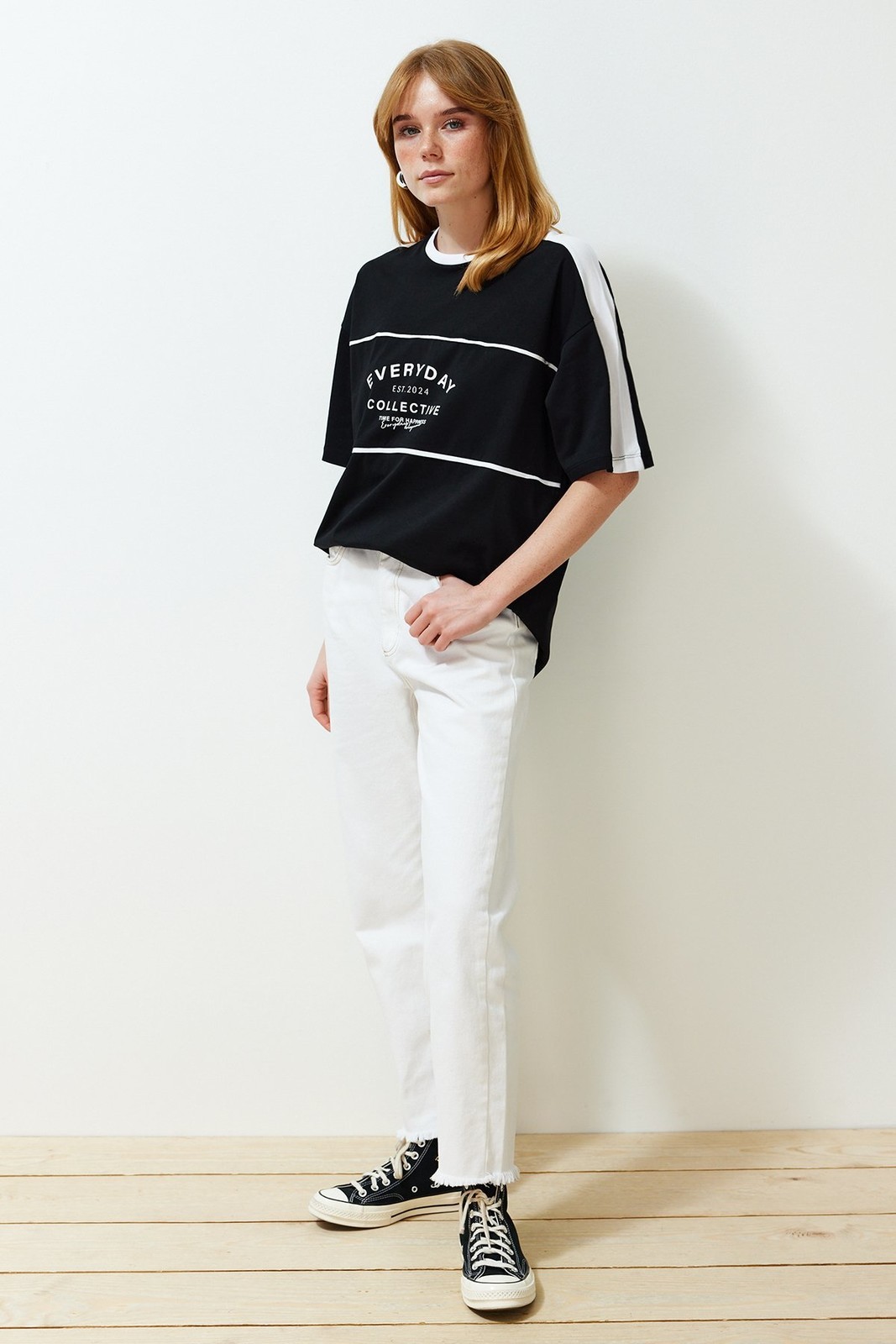 Trendyol Black 100% Cotton Color Block Slogan Oversize/Wide Fit Knitted T-Shirt