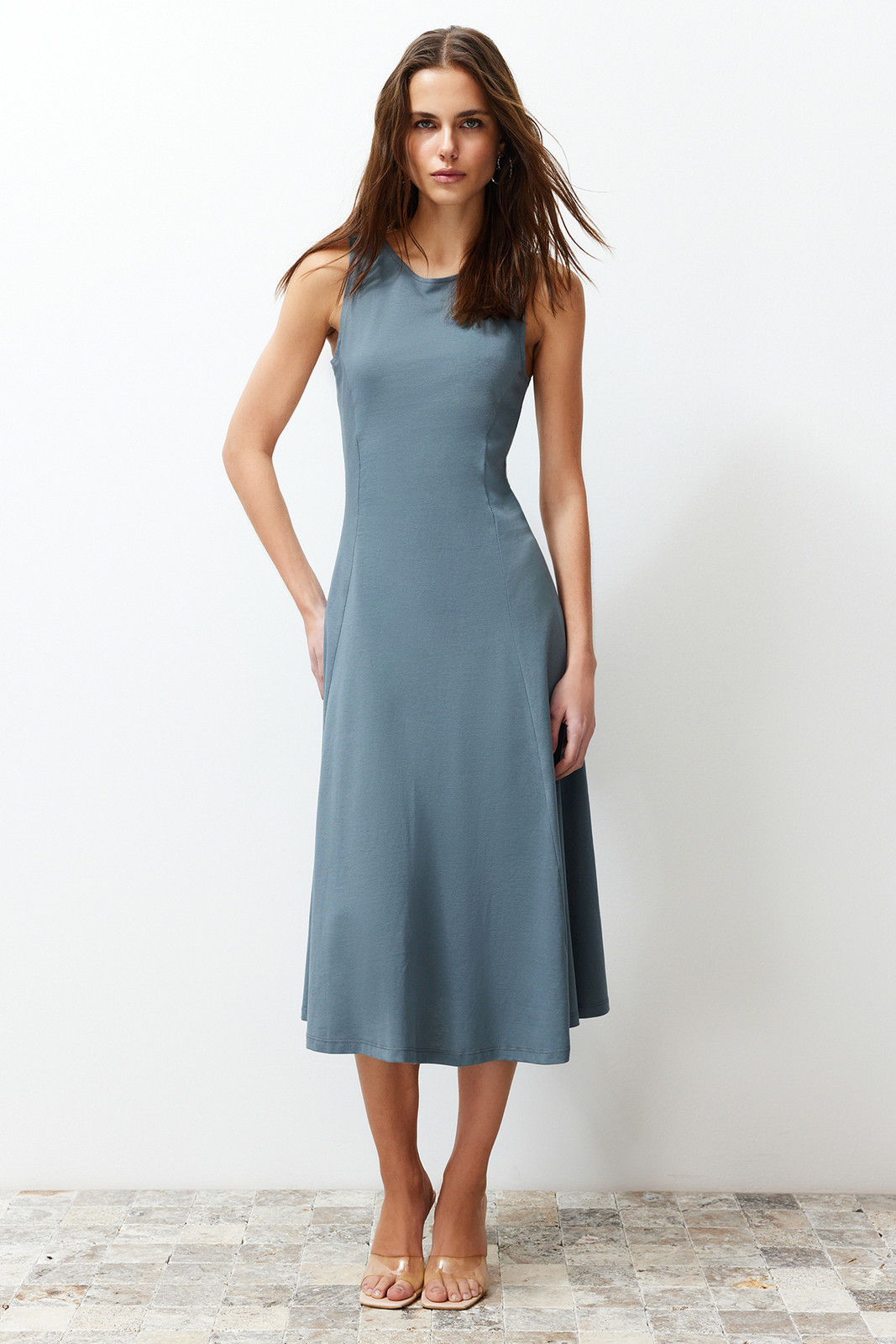 Trendyol Anthracite 100% Cotton Skater/Waist Opening Crew Neck Sleeveless Midi Knitted Midi Dress