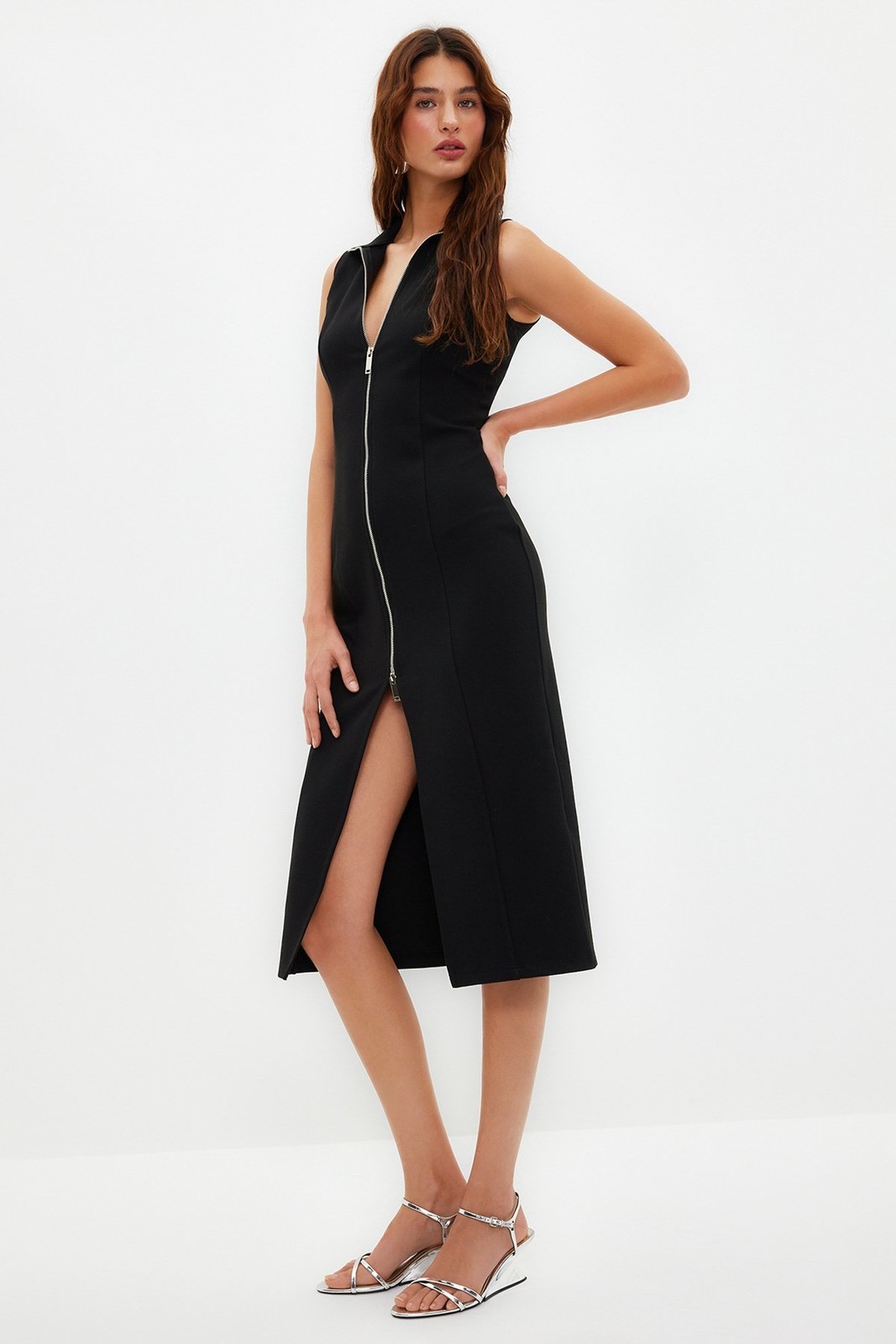Trendyol Black Zipper Detailed Bodycone/Fitting Flexible Midi Knitted Dress
