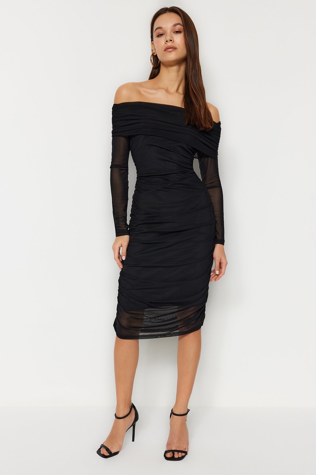 Trendyol Black Carmen Collar Fitted Tulle Lined Midi Gathered Knitted Dress