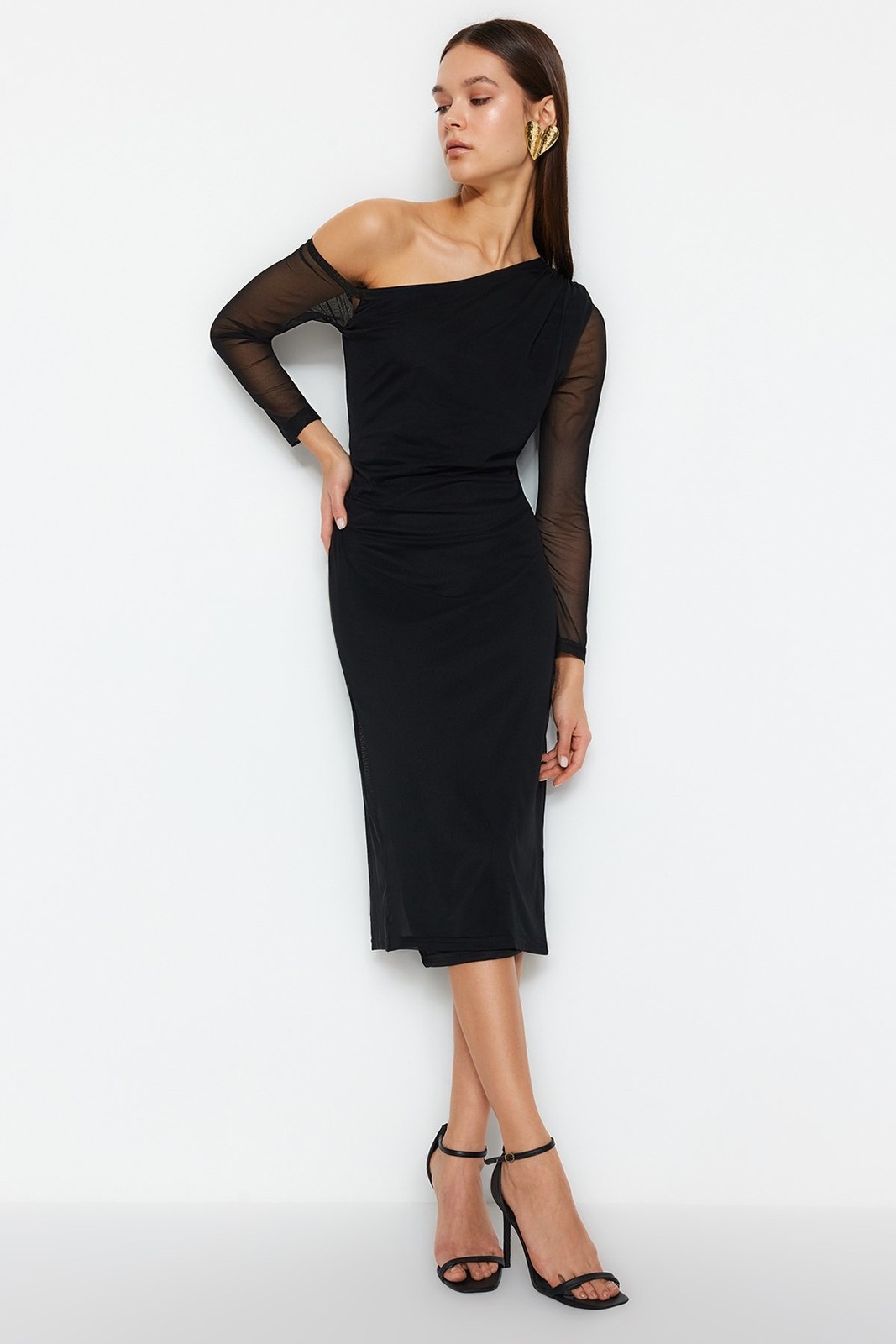 Trendyol Black Lined Asymmetrical Collar Knitted Dress