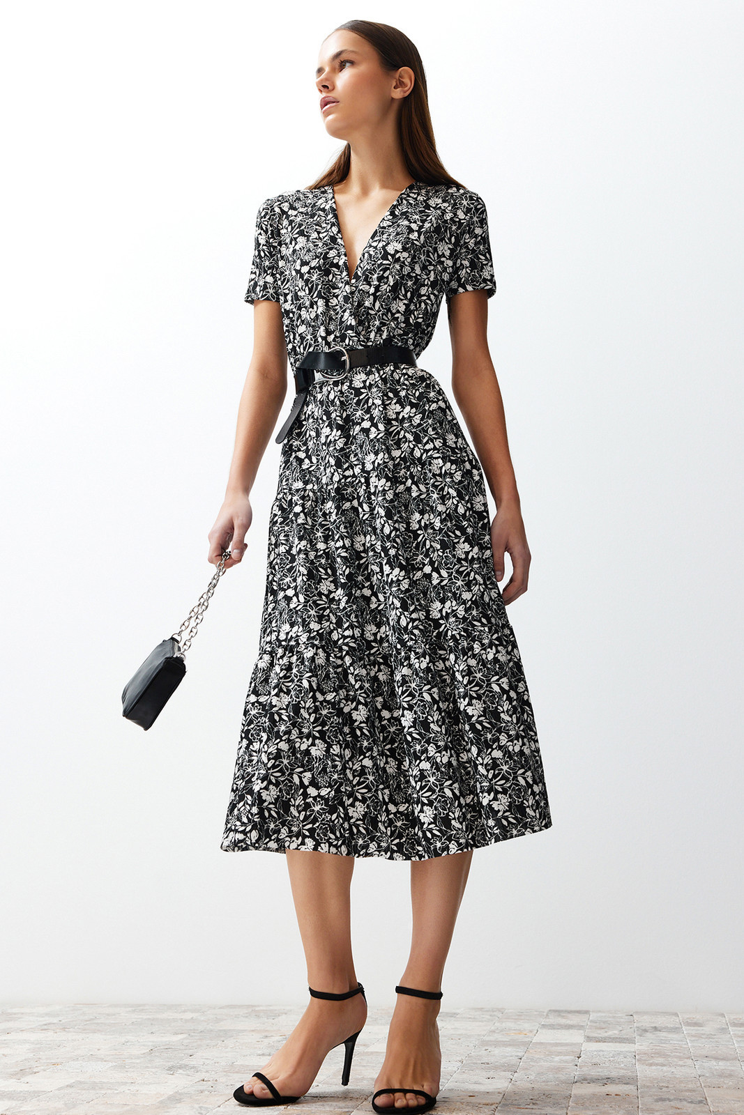 Trendyol Black Floral Double Breasted Skater/Ribbed Flexible Knitted Midi Dress