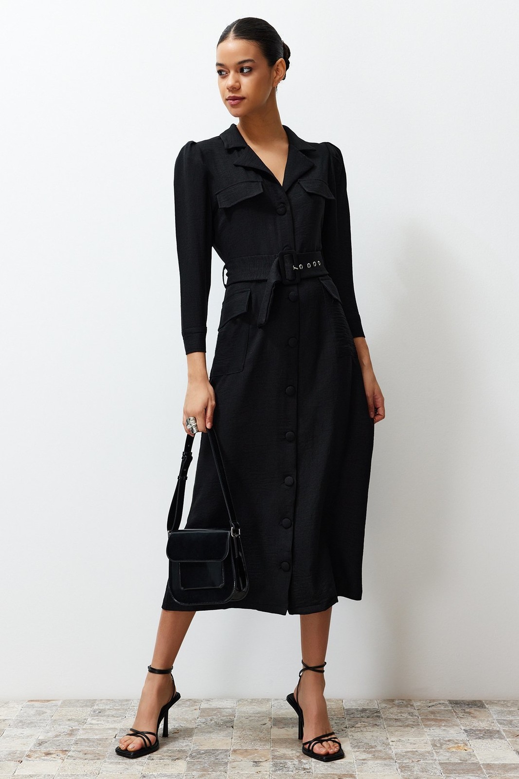 Trendyol Black Belted Linen Look Woven Shirt Dress