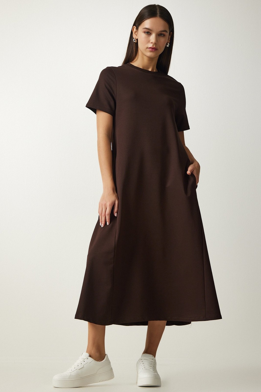 Happiness İstanbul Women's Brown A Cut Summer Combed Cotton Dress