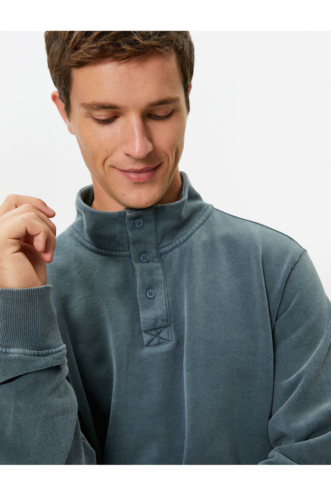 Koton Washed Sweatshirt Stand Collar Button Detailed Cotton
