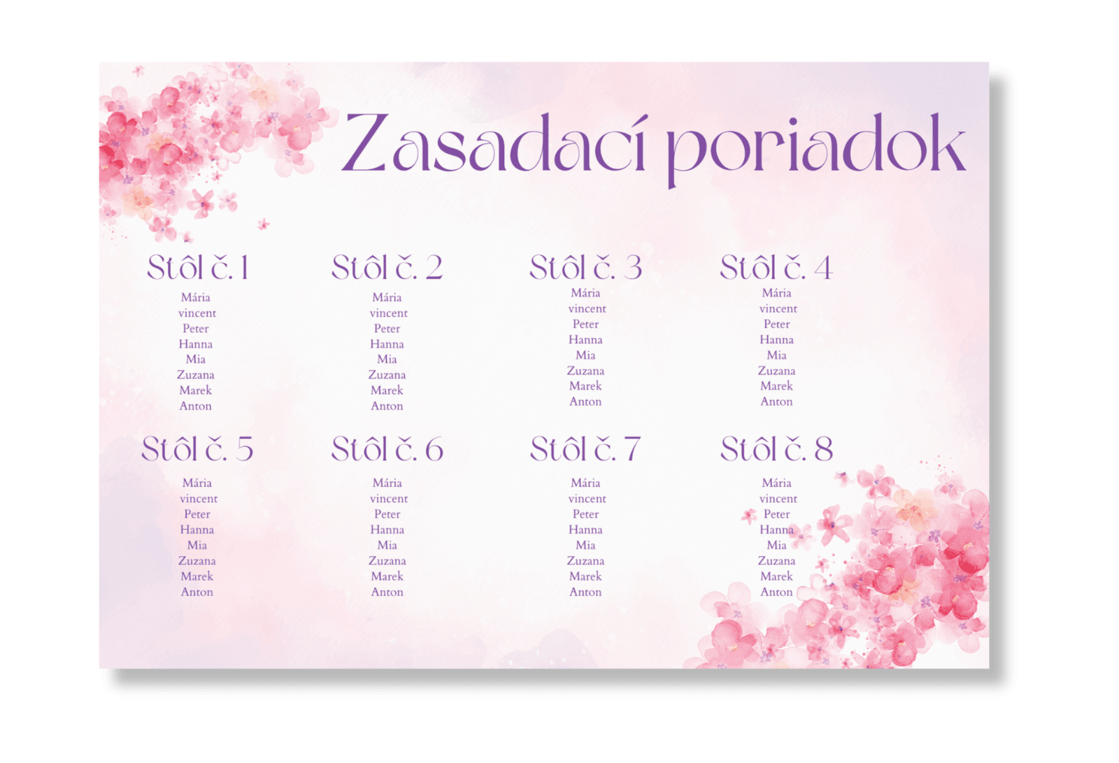 Personal Zasadací poriadok - Ružové kvetiny